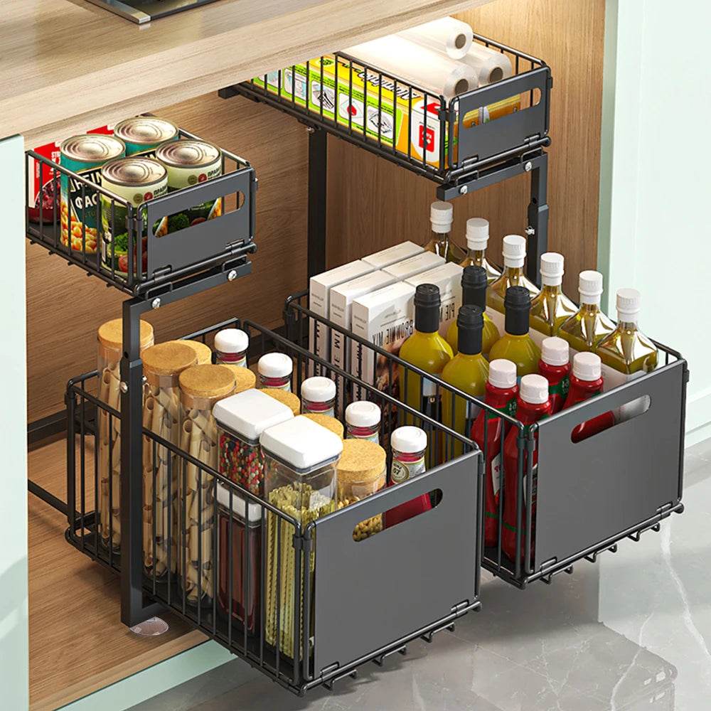 Adjustable Kitchen Storage Rack, Pull Out Cabinet Organizer Under Sink Spice Jar Storage Stand Slide Out Drawer - Quality Shopping Centre