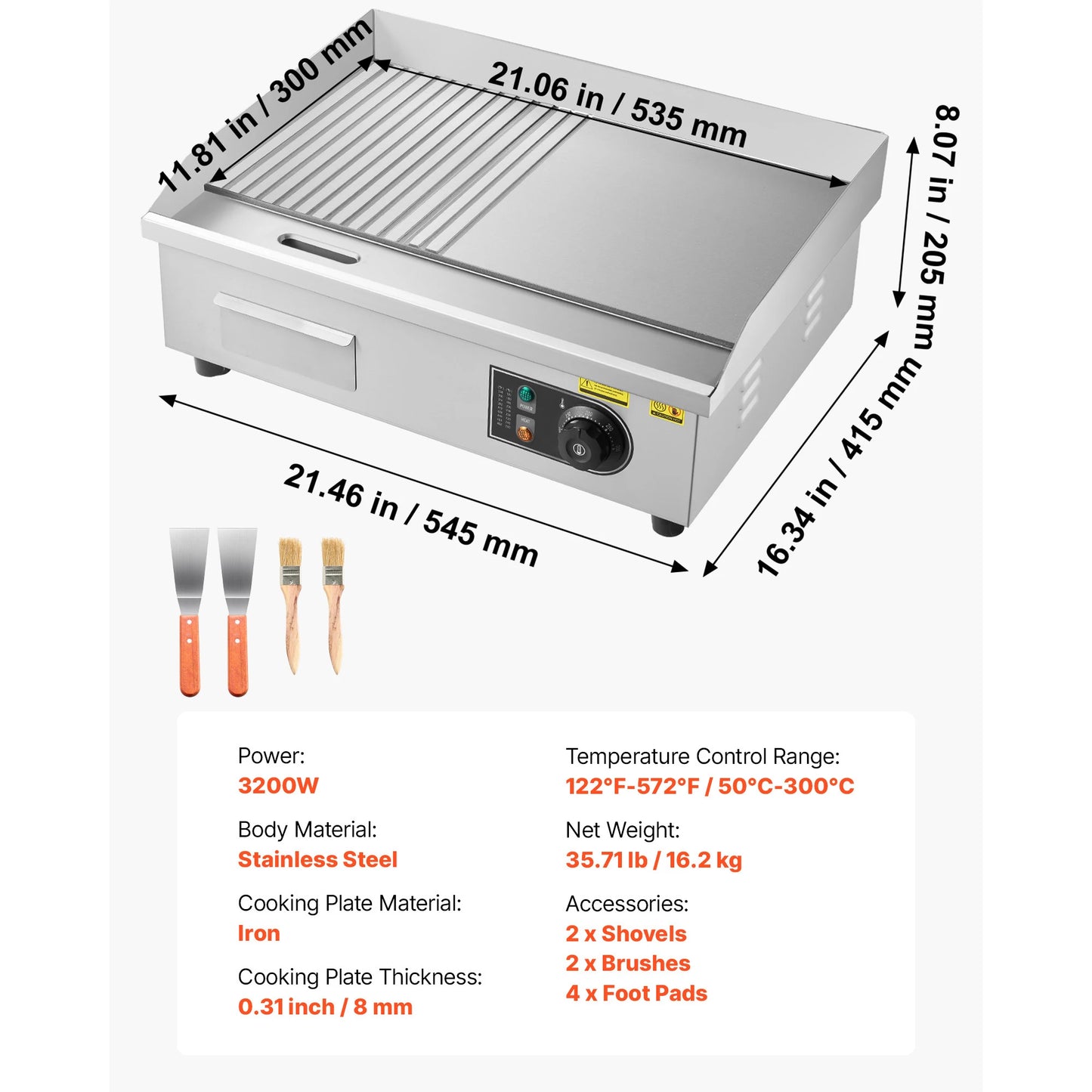 SucceBuy Commercial Electric Griddle 50-300°C Adjustable Temp Control, Stainless Steel Countertop Flat Top Grill for Steak Panc