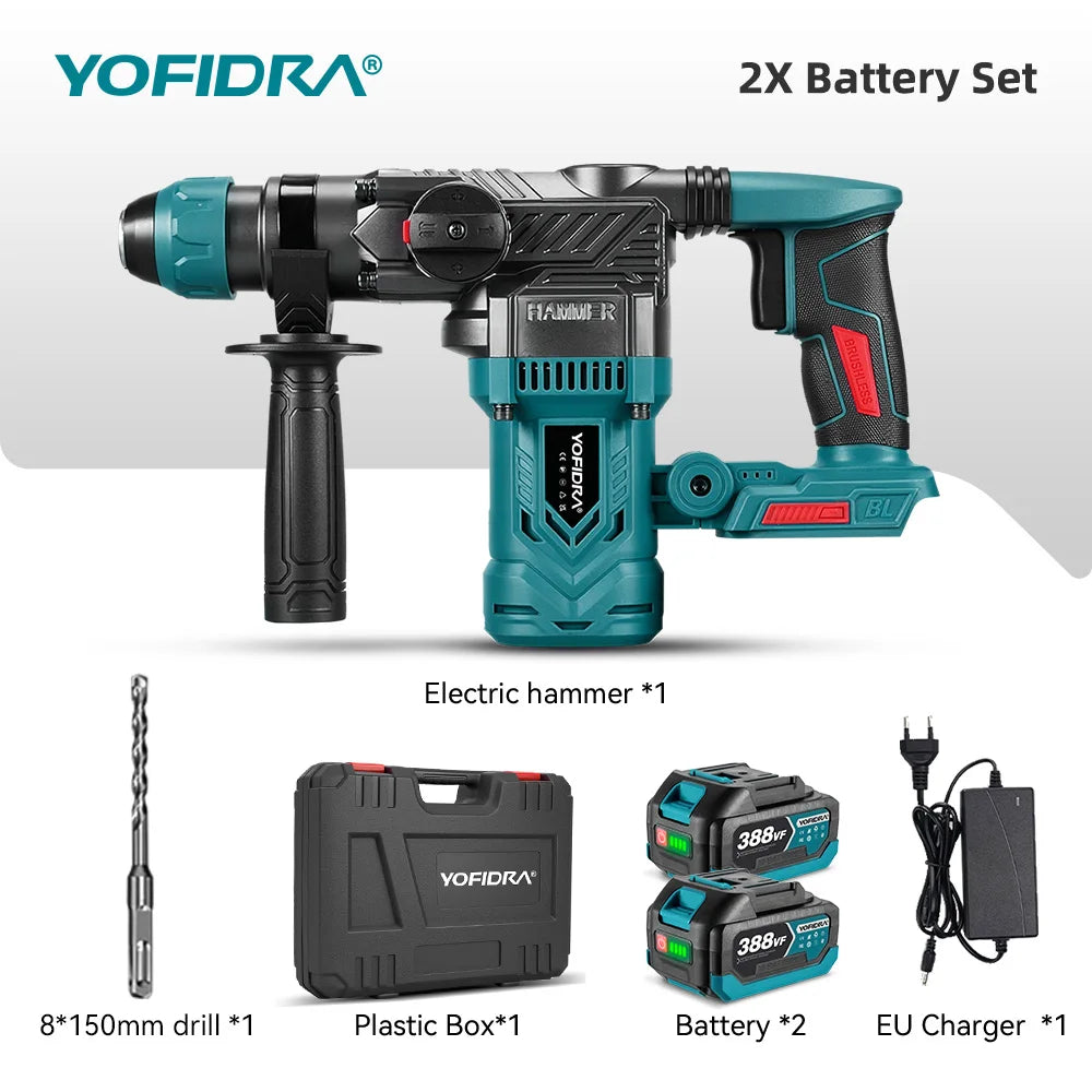 YOFIDRA 2200W Borstelloze Elektrische Hamerboor 26MM Multifunctionele Schroevendraaier Roterend Elektrisch Gereedschap voor Makita 21V Accu Pin