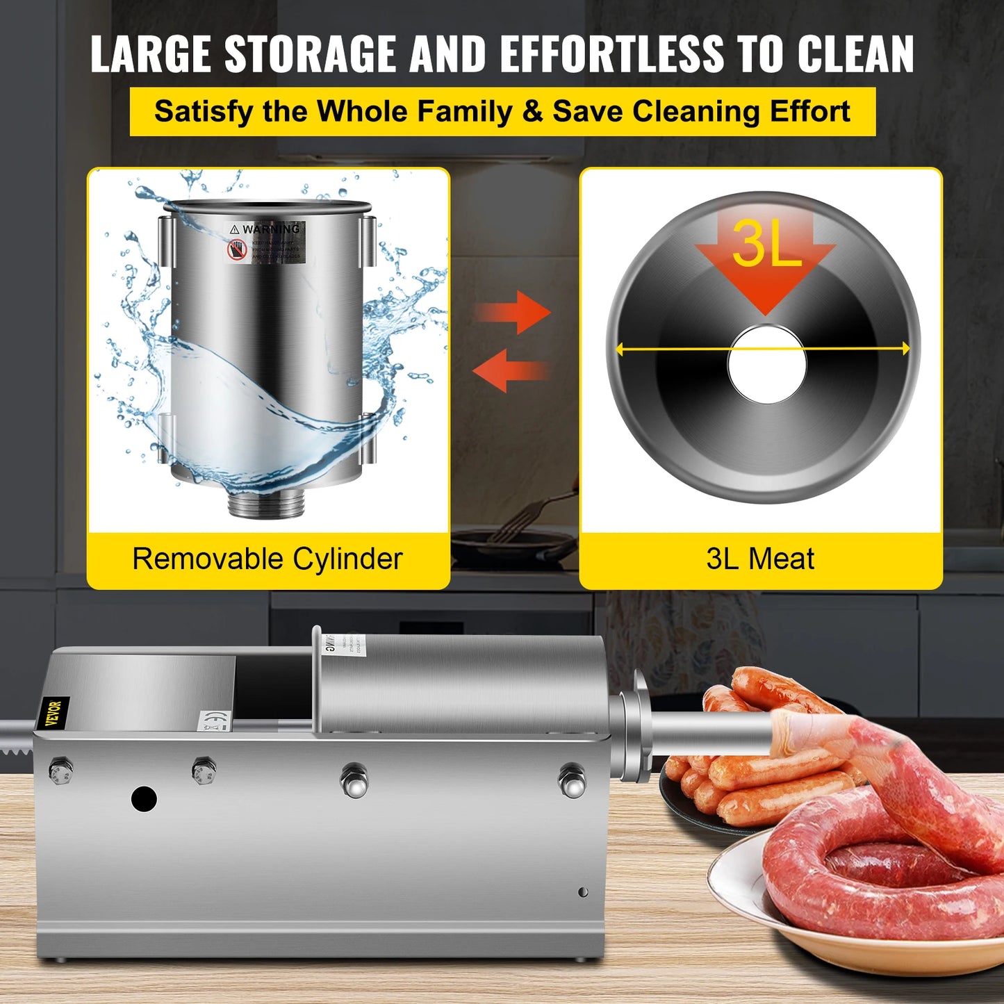 SucceBuy 3L Horizontal Sausage Stuffer Manual Sausage Maker Stainless Steel With 5 Filling Nozzles For Home & Commercial Use