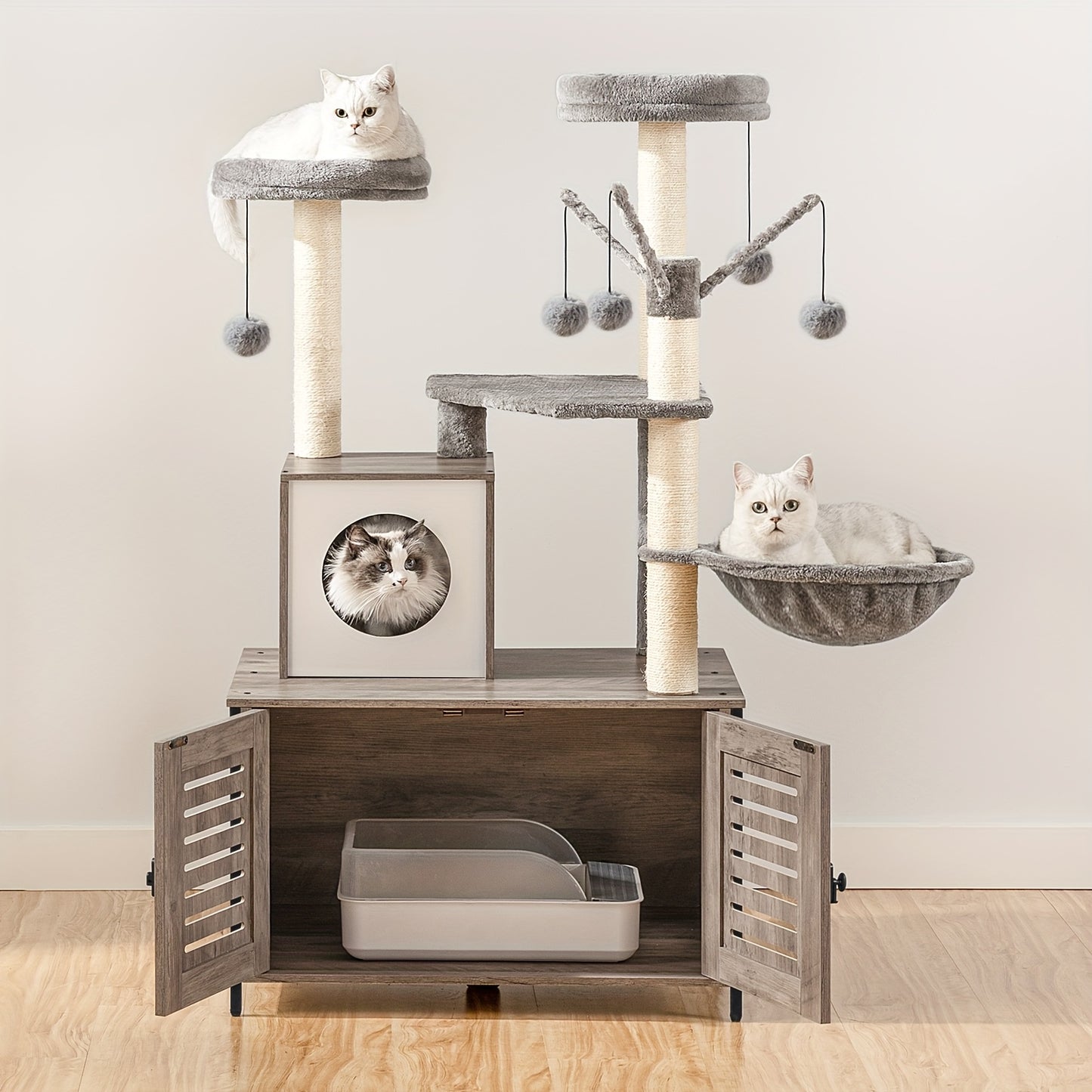 All-in-One Cat Tree Tower with Built-in Litter Box Cabinet - Multi-Level Scratching Post & Plush Ball Perches for Large Cats & Multi-Cat Homes in Vintage Brown & Grey - Quality Shopping Centre