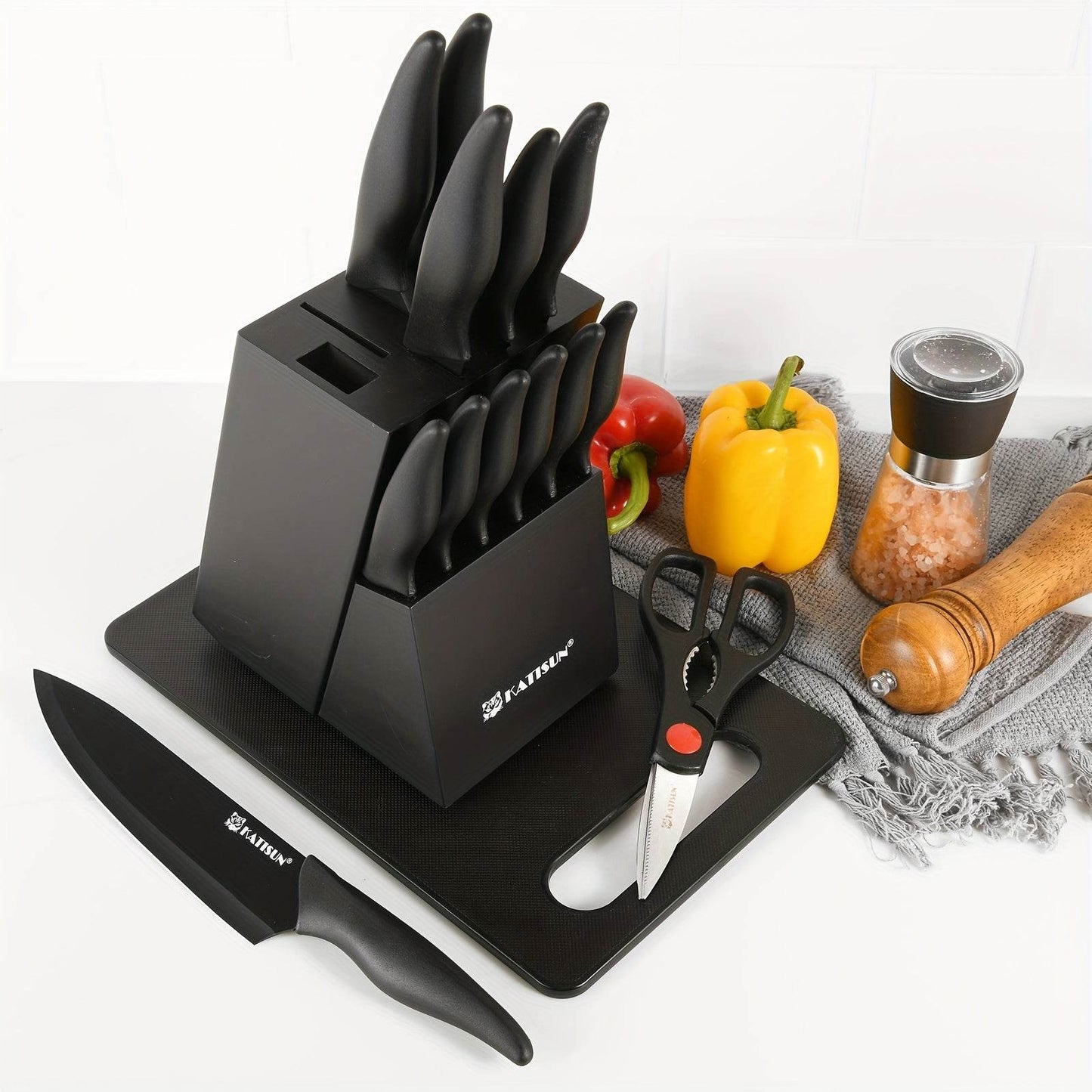 Non-stick Coating Stainless Steel Kitchen Knife Set, 15 Pieces Professional Kitchen Knife Set with Black Wooden Block, Non-slip ABS Handle for Chef Knives, Plastic Cutting Board and Kitchen Shears, Natural Black Wood Block - Quality Shopping Centre