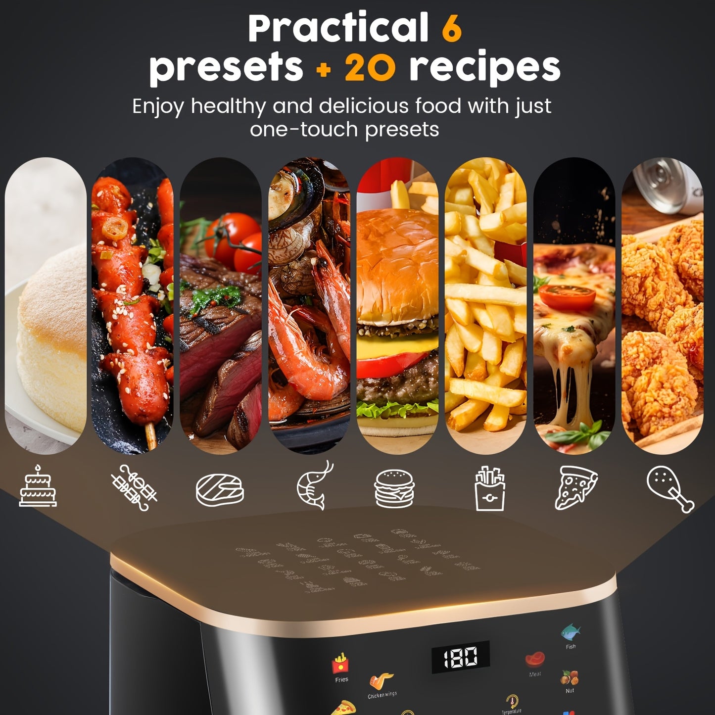 An air fryer with multiple food presets and recipe options.