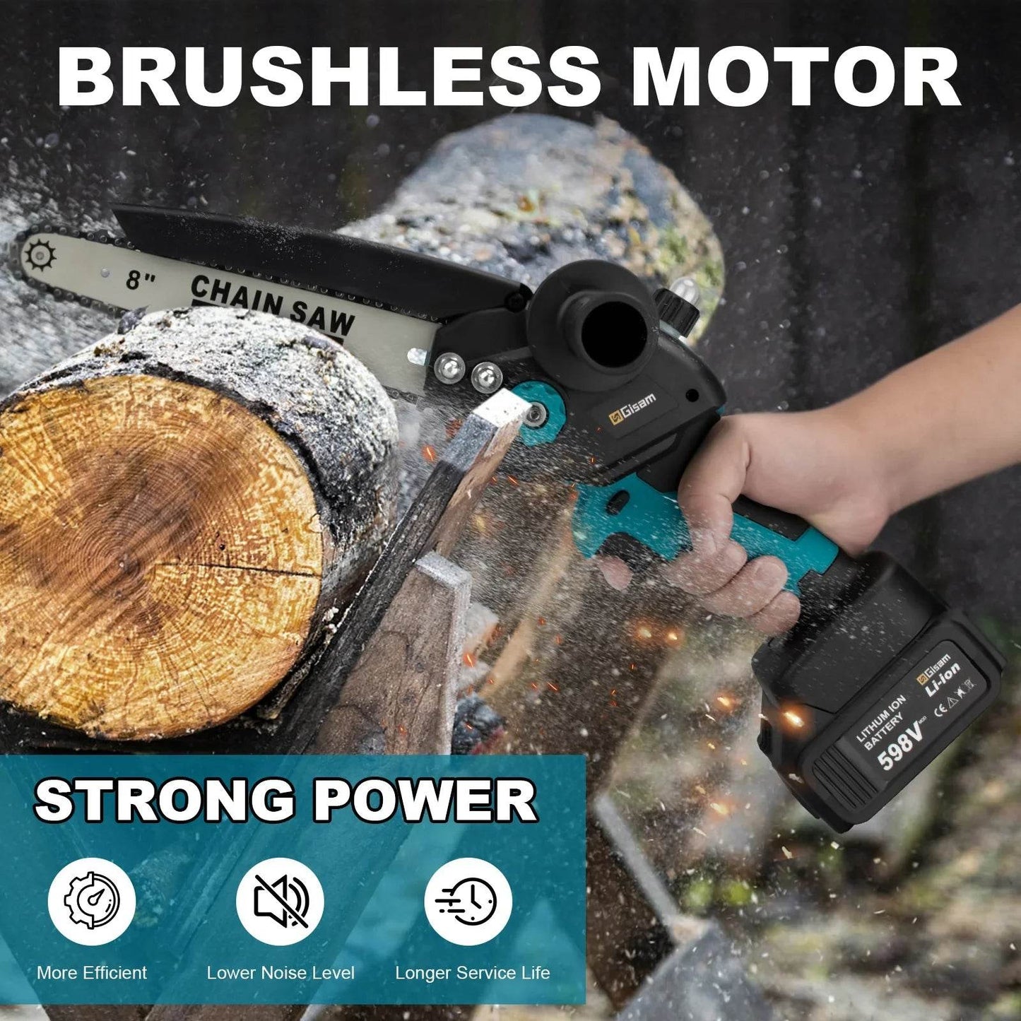 Gisam 8 Inch Brushless Chain Saw with Oil Can Cordless Handheld Pruning Chainsaw Woodworking Electric Saw Cutting Power Tools - Quality Shopping Centre
