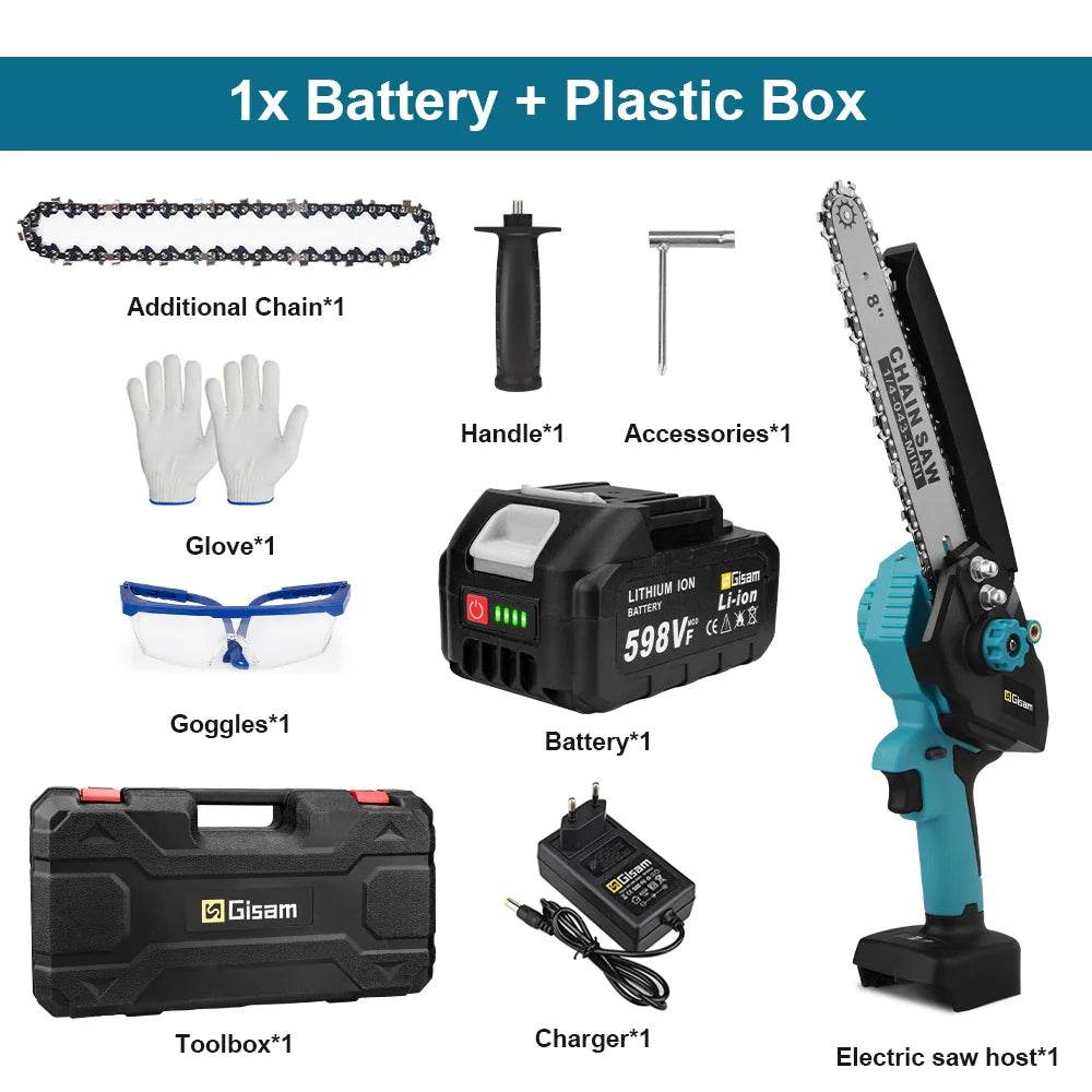 Gisam 8 Inch Brushless Chain Saw with Oil Can Cordless Handheld Pruning Chainsaw Woodworking Electric Saw Cutting Power Tools - Quality Shopping Centre