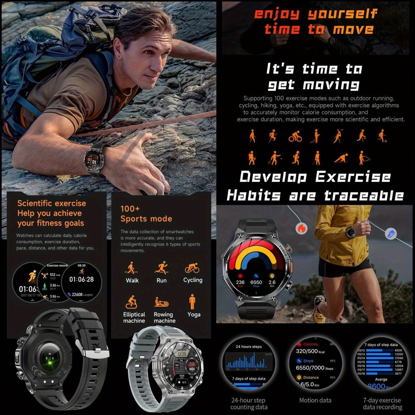 High-Quality Men'S Outdoor Sports Smartwatch (Answer/Make Calls), 800Mah Battery, 1.8-Inch HD Full Touchscreen, Over 100 Sports Modes, Flashlight Feature, Pedometer, Compatible with Iphone And Android Phones, Perfect Gift for - Quality Shopping Centre