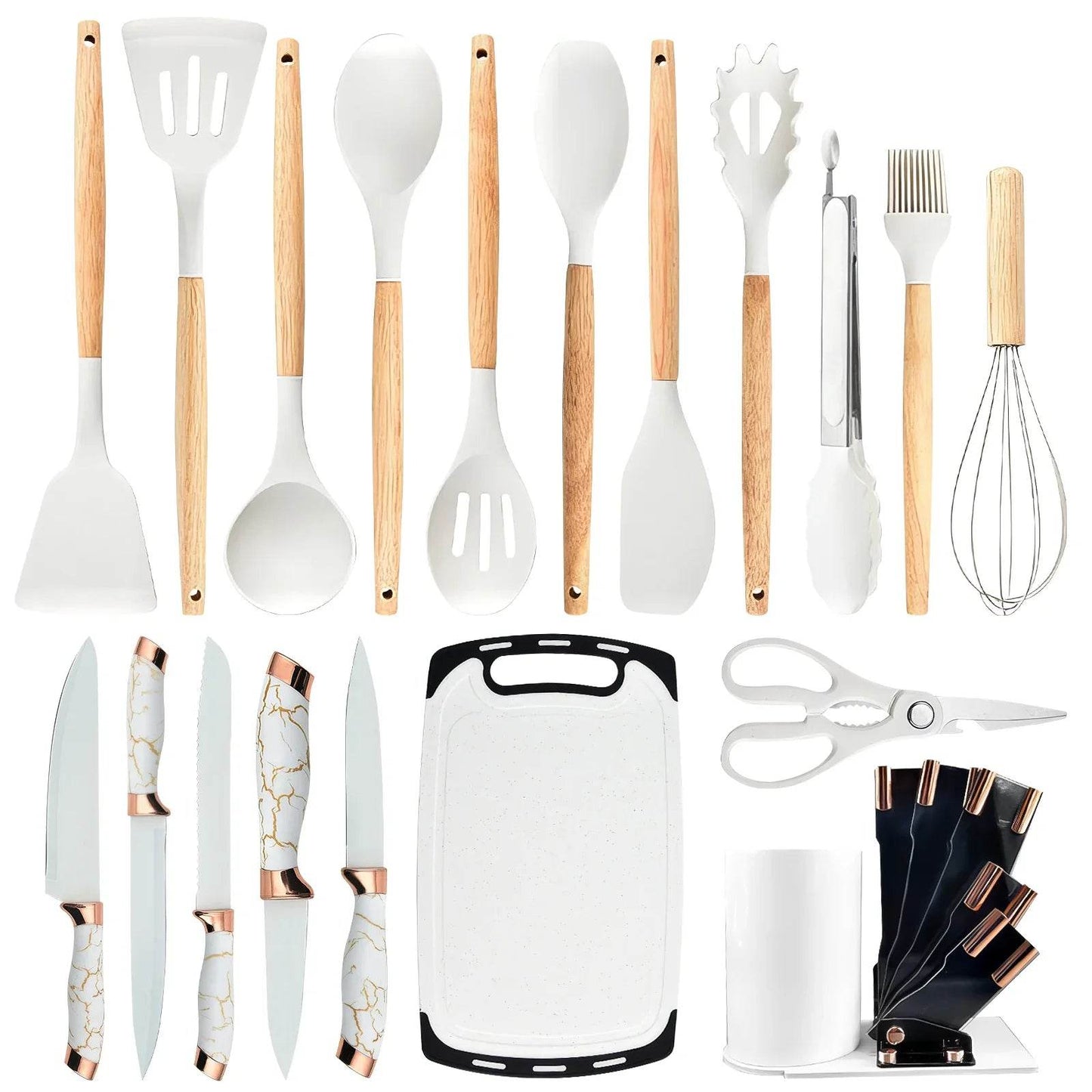 Silicone Cooking Utensils Set Turner Spatula Spoon Brush Whisk Knife Scissors Kitchen Utensil Gadgets Tools Set with Holder - Quality Shopping Centre