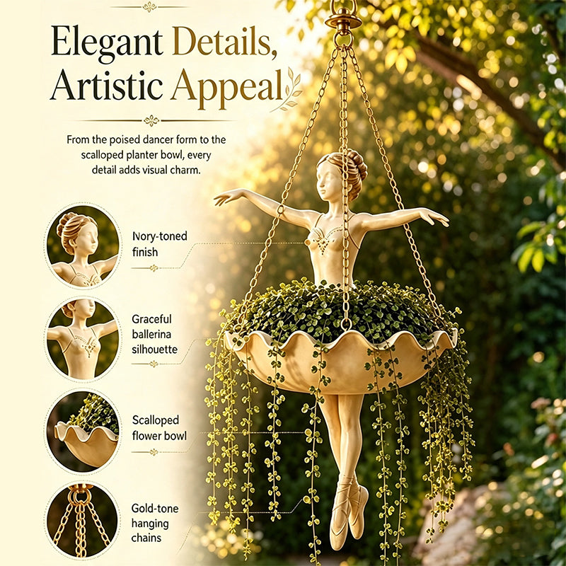 Hangende plantenbak van hars – Elegant ballerina-ontwerp, handgesneden details, uv-bestendige buitenbloempot
