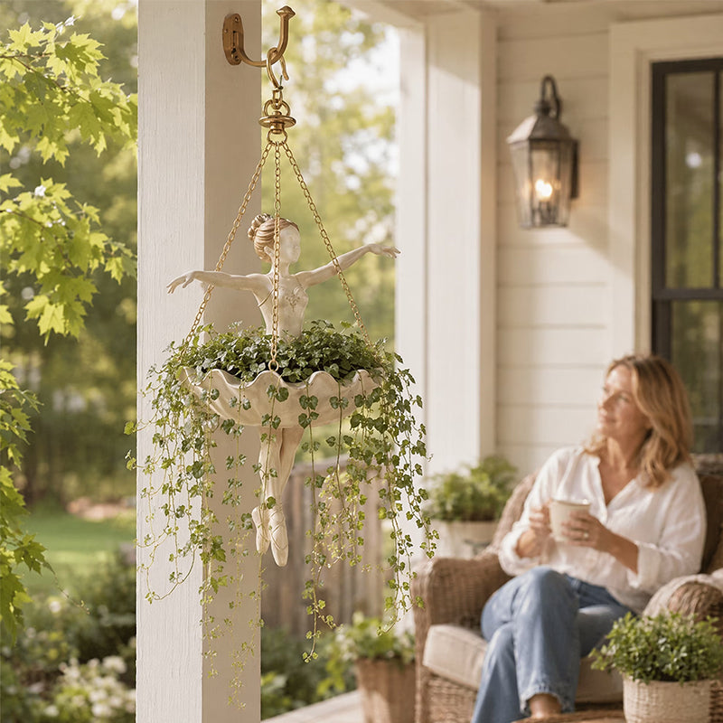 Hangende plantenbak van hars – Elegant ballerina-ontwerp, handgesneden details, uv-bestendige buitenbloempot