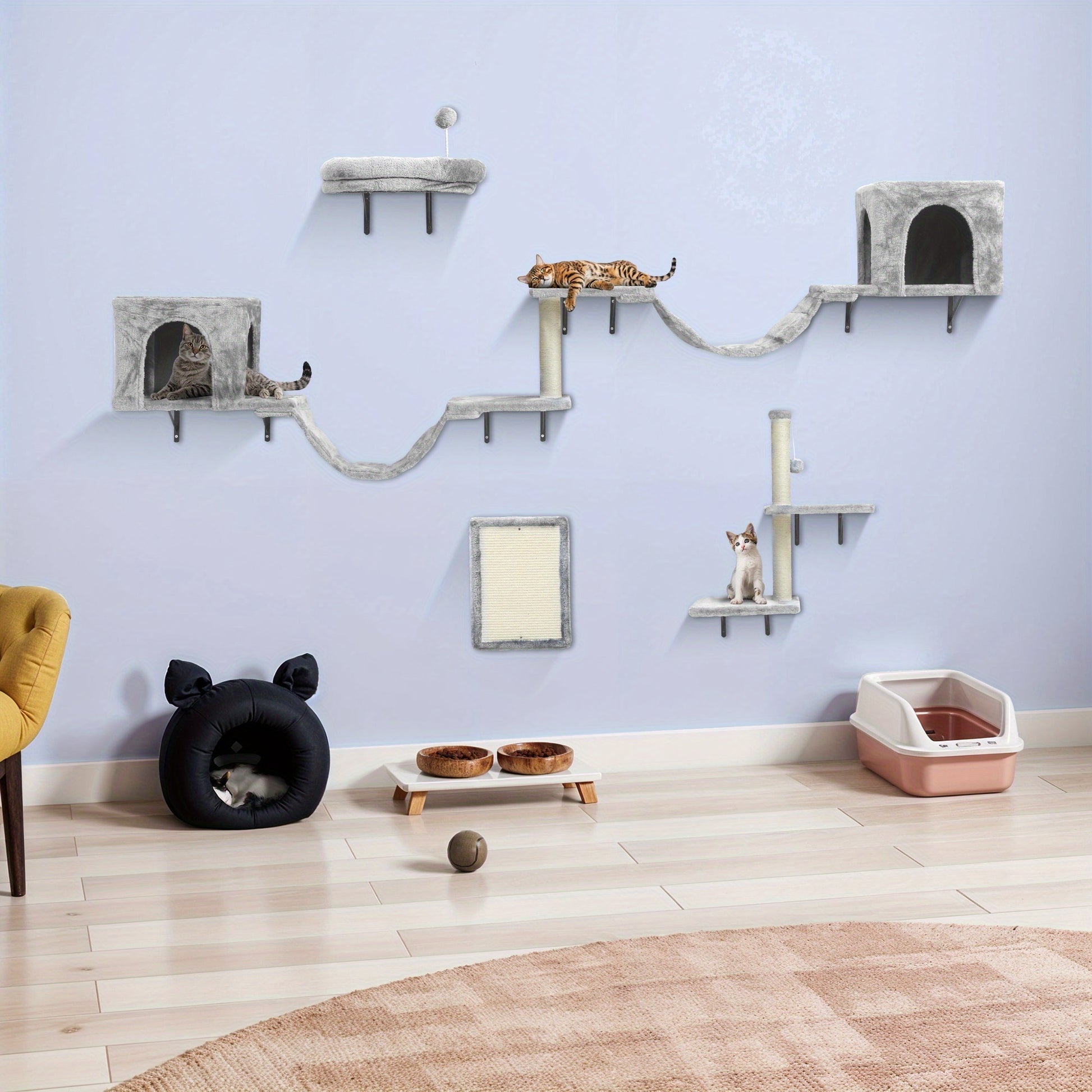 8pcs Cat Climbing Wall Set - Plush Scratching Post, Frame Ladder, Cat House & Hanging Bridge - Light Gray Multifunctional Pet Activity Center - Quality Shopping Centre