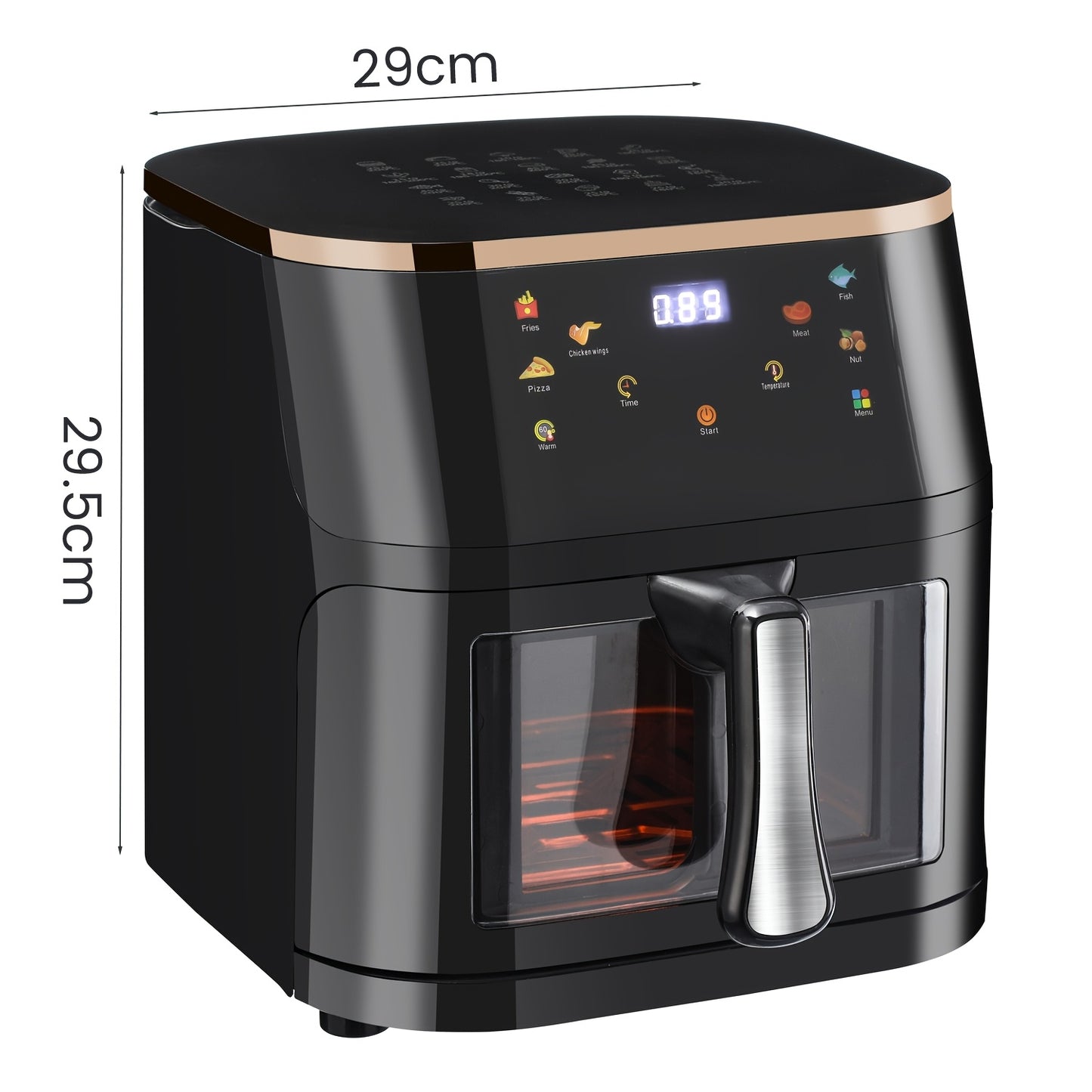 Black digital air fryer with a transparent viewing window and golden trim.