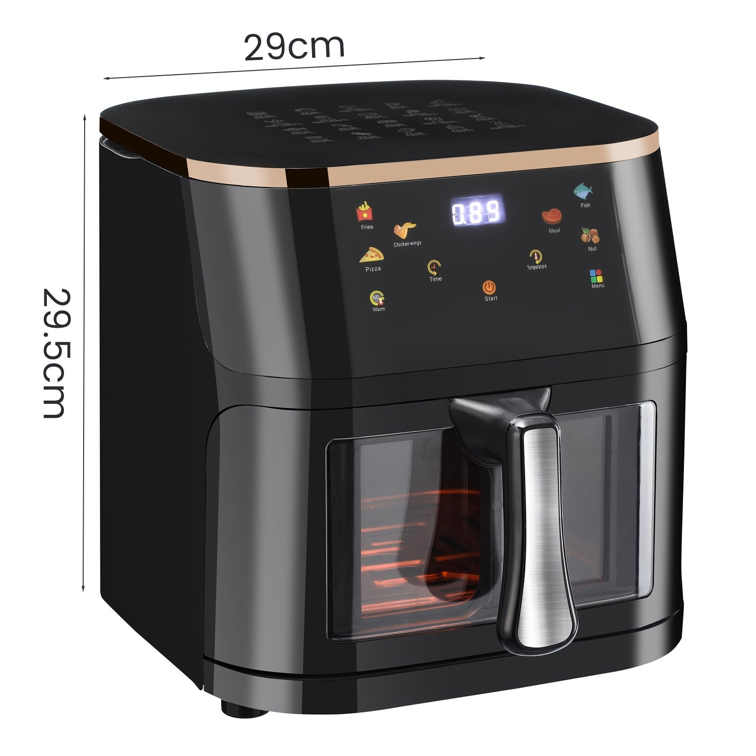 Black digital air fryer with a transparent viewing window and golden trim.
