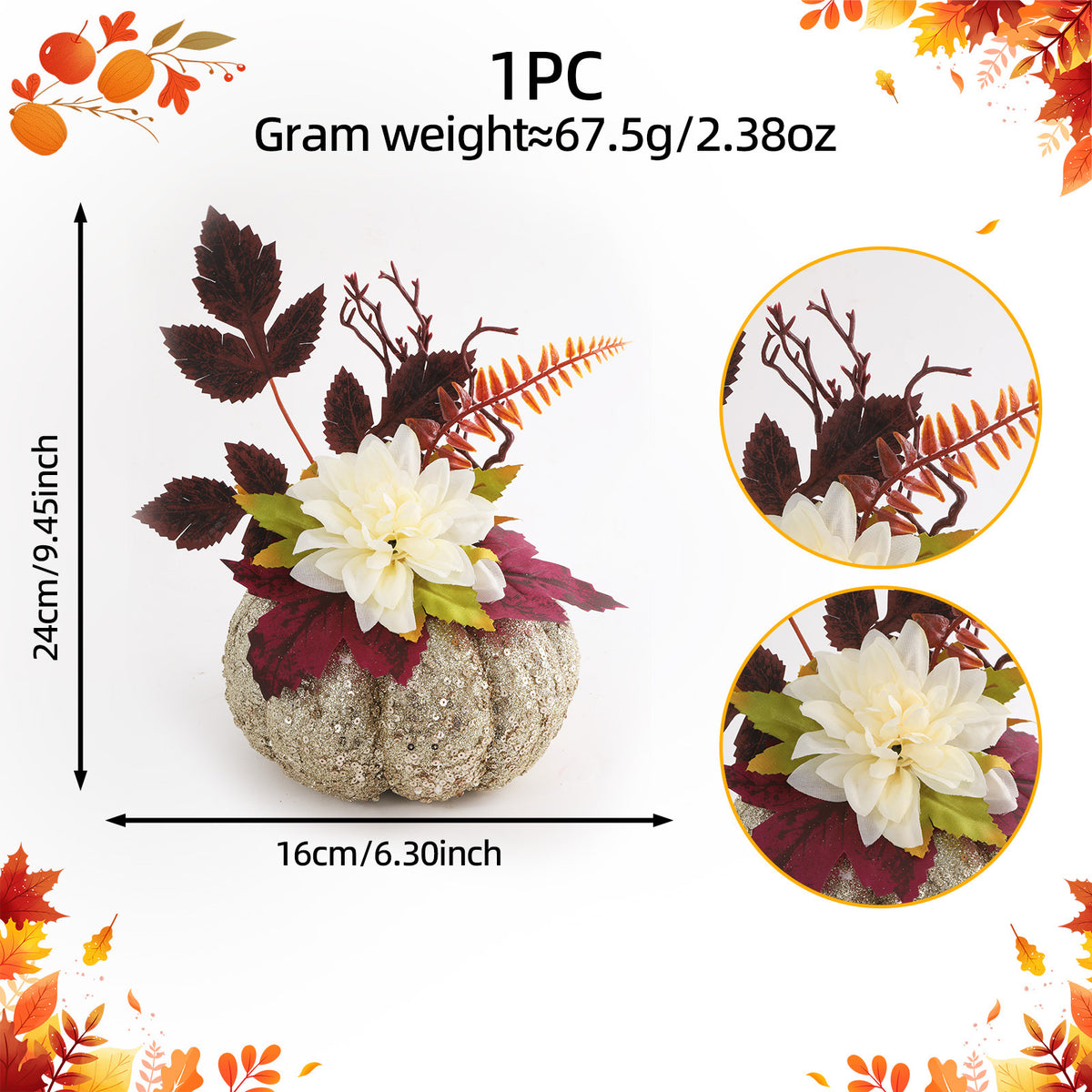 Kunstglitterpompoen, kunst-dahlia en herfstbladeren decoratie voor de herfst, Thanksgiving en het oogstseizoen