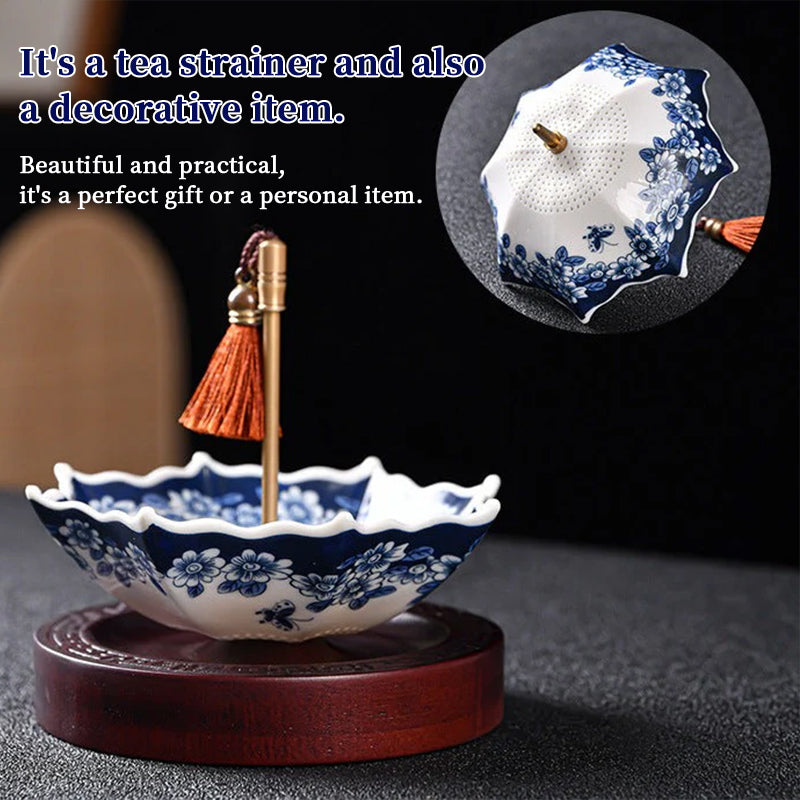 Blauw-witte porseleinen paraplu-theezeef met kwastje – Chinese stijl keramisch theefilter