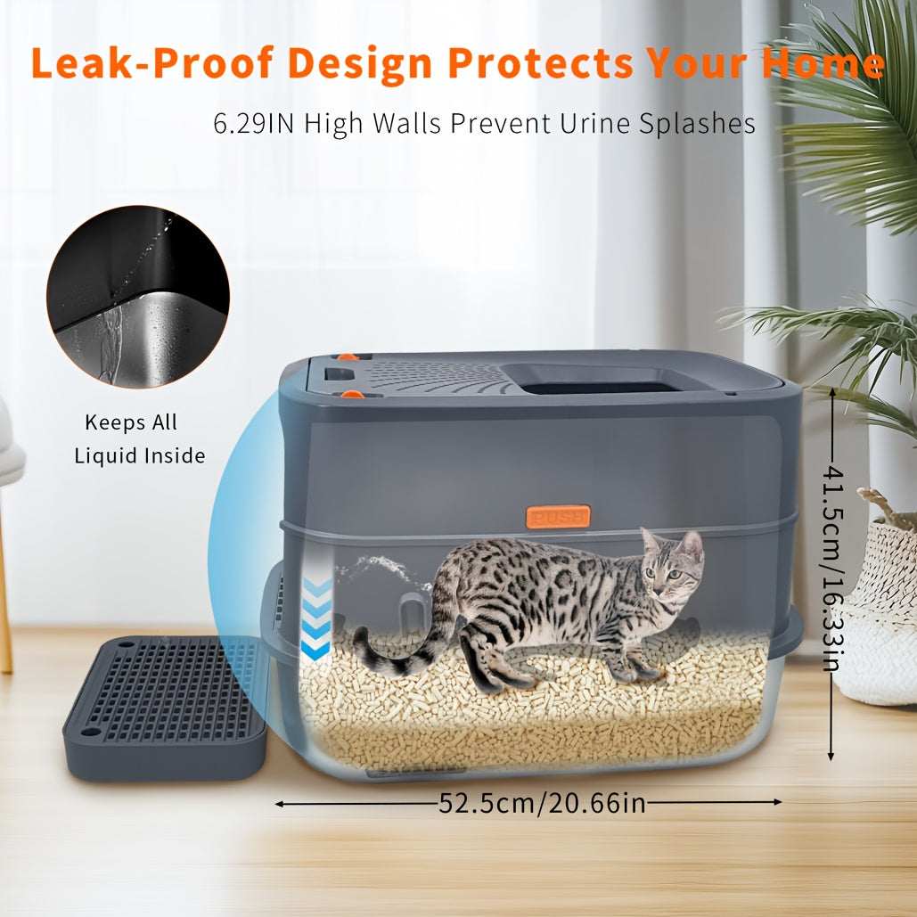 Extra Large Cat Litter Box with Cover - Front Entry/Top Exit Design, Durable Stainless Steel with Built-in Golden Metal Scoop, Easy-Clean Rectangular Litter Pan for Large Cats & Kittens in Modern Grey - Quality Shopping Centre