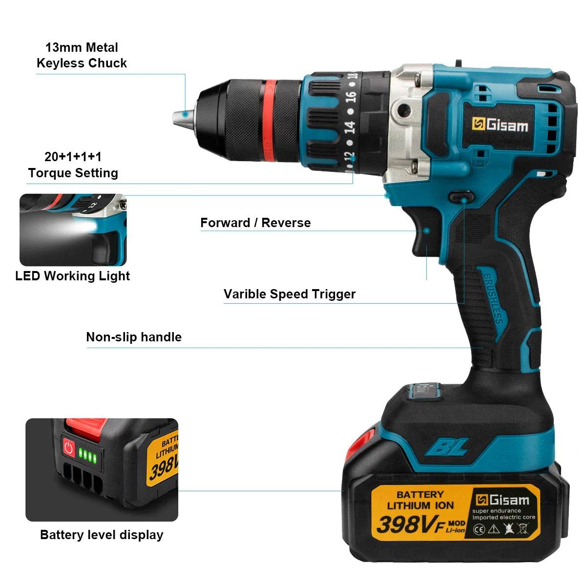 18V 13mm 480N.M Brushless Electric Impact Drill Cordless Drill Electric Screwdriver DIY Driver Power Tool for Makita 18V Battery - Quality Shopping Centre
