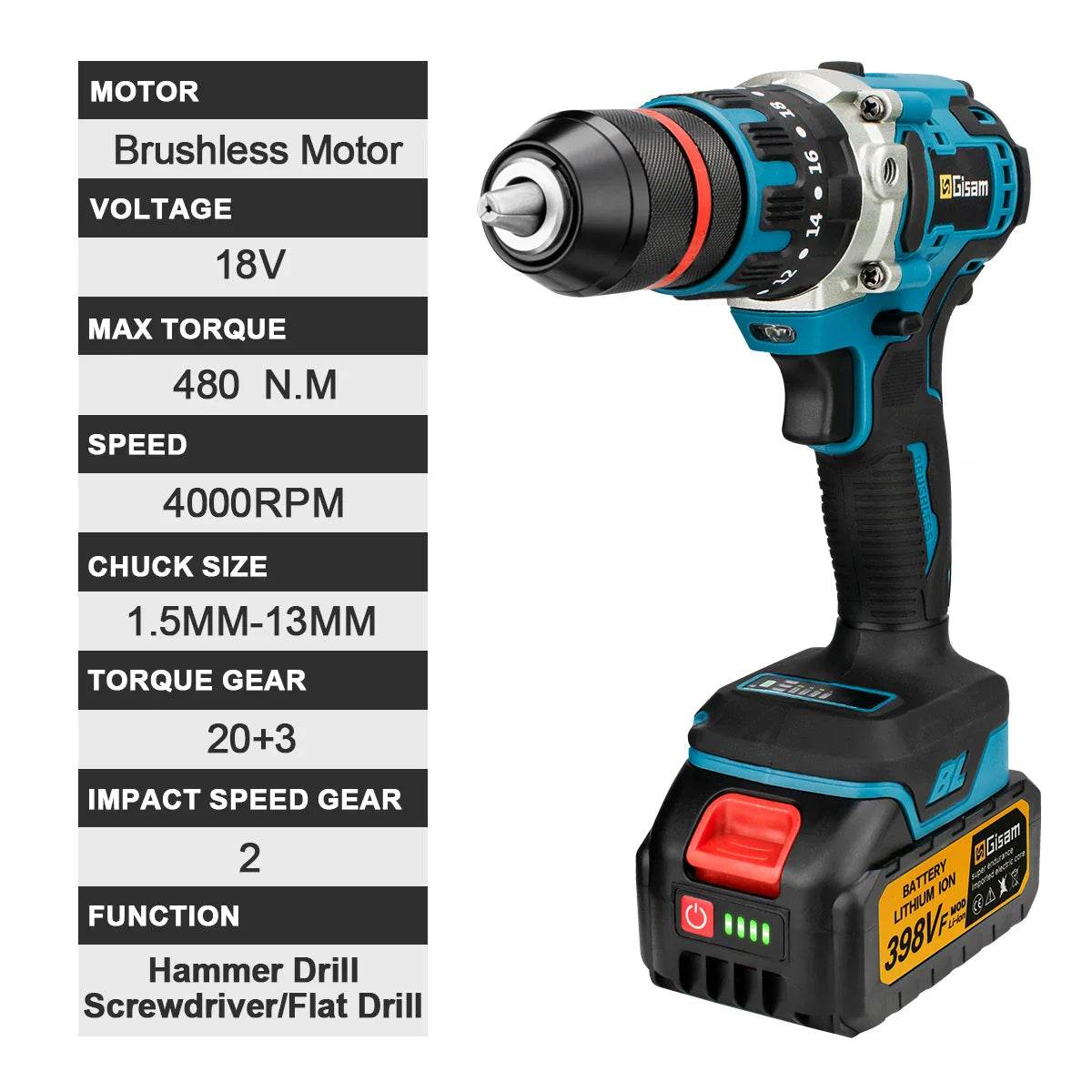 18V 13mm 480N.M Brushless Electric Impact Drill Cordless Drill Electric Screwdriver DIY Driver Power Tool for Makita 18V Battery - Quality Shopping Centre