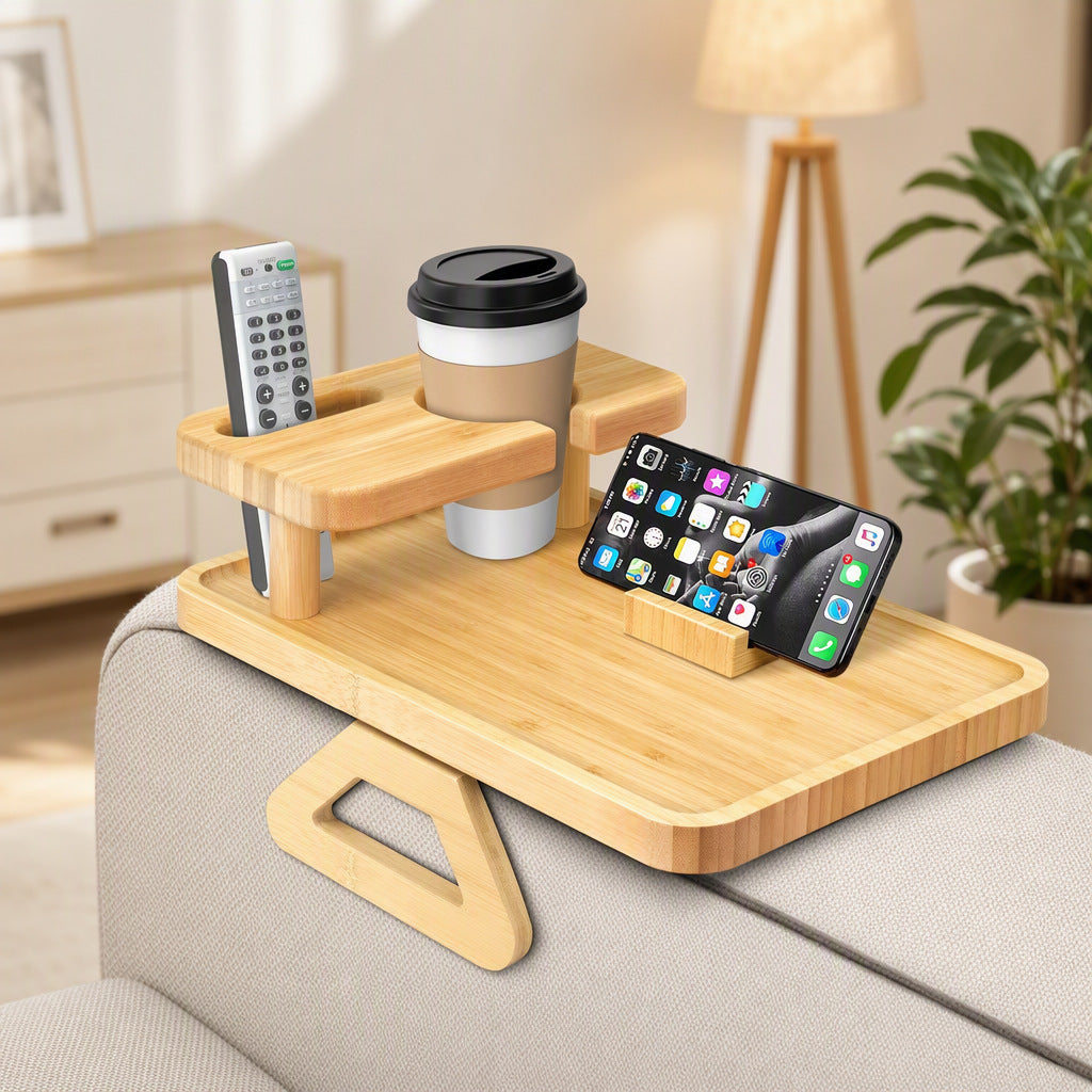 Wooden Tray Double Layer Paintable Armrest Tray with Cup Holder for Drinks and Snacks, Solid Wood Sofa Table
