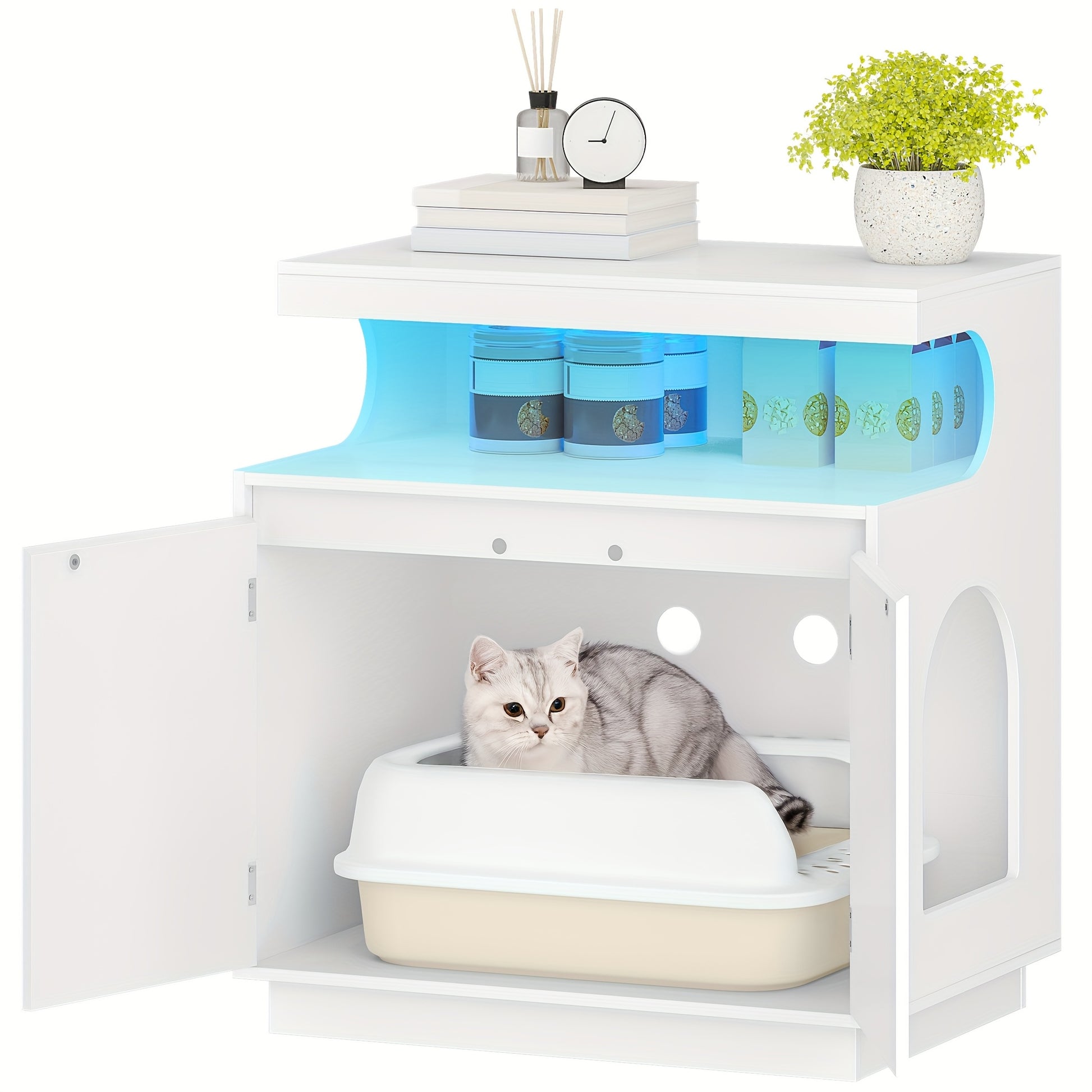 Cat Litter Box Cabinet with Shelf and Remote Controlled Light Bar - Hidden Indoor Cat House for Large Cats, 68 X 48 X 74 Cm, White - Quality Shopping Centre