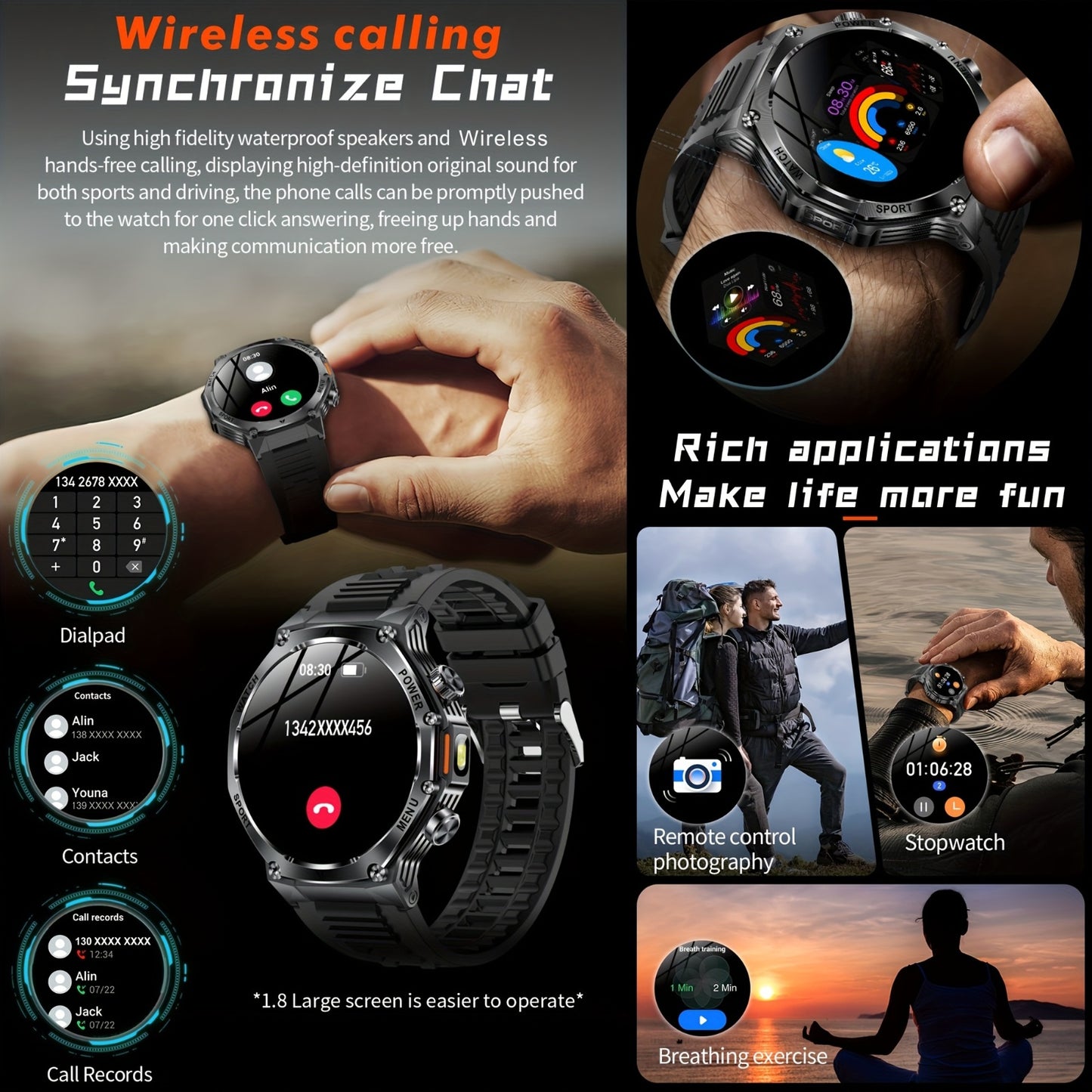 High-Quality Men'S Outdoor Sports Smartwatch (Answer/Make Calls), 800Mah Battery, 1.8-Inch HD Full Touchscreen, Over 100 Sports Modes, Flashlight Feature, Pedometer, Compatible with Iphone And Android Phones, Perfect Gift for