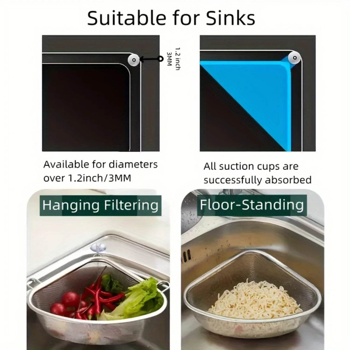 1pc, Stainless Steel Sink Drain Basket, Triangle Strainer With Suction Cups For Kitchen, Kitchen Food Waste Leftovers Food Catch - Quality Shopping Centre