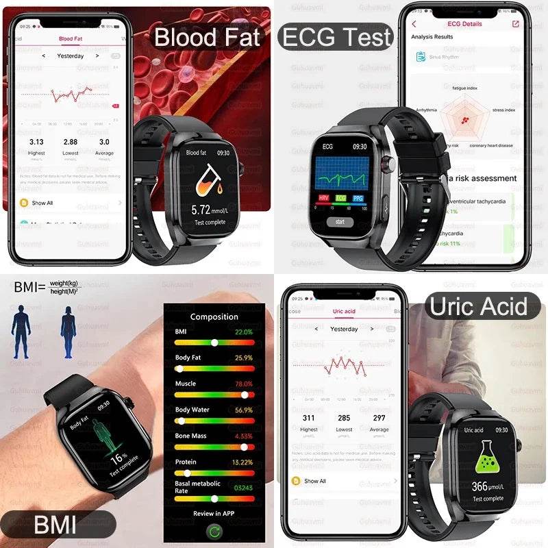 2024 New Accurate Measure Blood Sugar Lipids Uric Acid Smart Watch Men ECG Blood Pressure Health SmartWatch For Android Xiaomi - Quality Shopping Centre