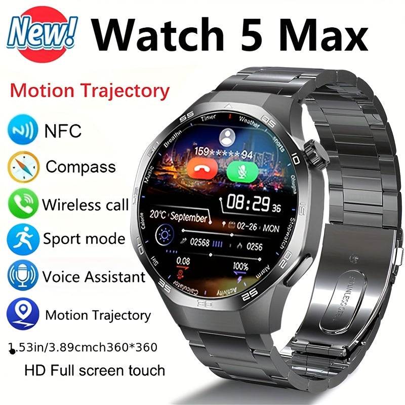 2025 New GPS Motion Trajectory Smart Watch for Men Watch 5 Max, 360*360 HD Screen AI Voice Wireless Call NFC Smartwatch, 100+ Sports Modes, Outdoor Sports Men'S Smart Watch, Compass Fitness Tracker Watch for Men New Year, Fat - Quality Shopping Centre