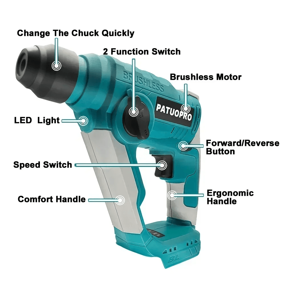 20MM Brushless Cordless Rotary Hammer 2-Mode Electric Hammer Drill Home Repair Power Tool For Makita 18V Battery(No Battery) - Quality Shopping Centre