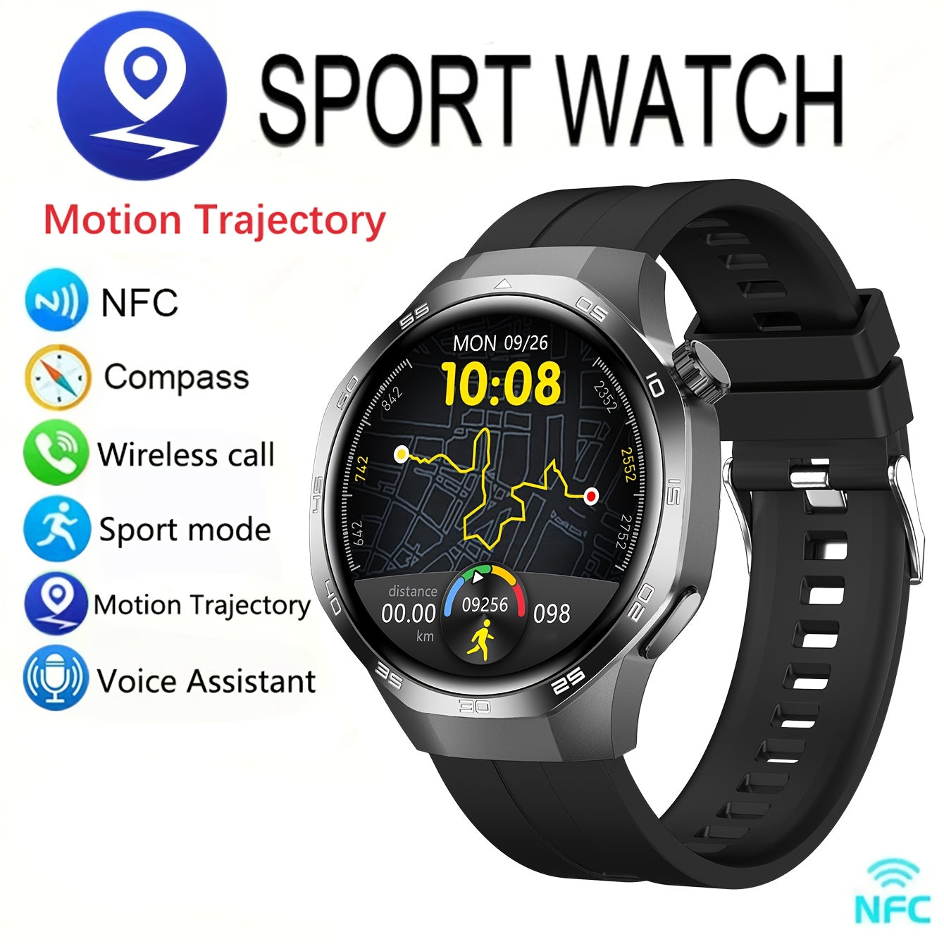 2025 New GPS Motion Trajectory Smart Watch for Men Watch 5 Max, 360*360 HD Screen AI Voice Wireless Call NFC Smartwatch, 100+ Sports Modes, Outdoor Sports Men'S Smart Watch, Compass Fitness Tracker Watch for Men New Year, Fat