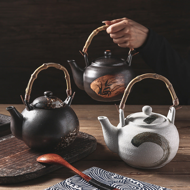 Keramische theeketel met bamboe handvat, handbeschilderd, commercieel gebruik, grote inhoud, theepot met schenktuit, tafelmodel
