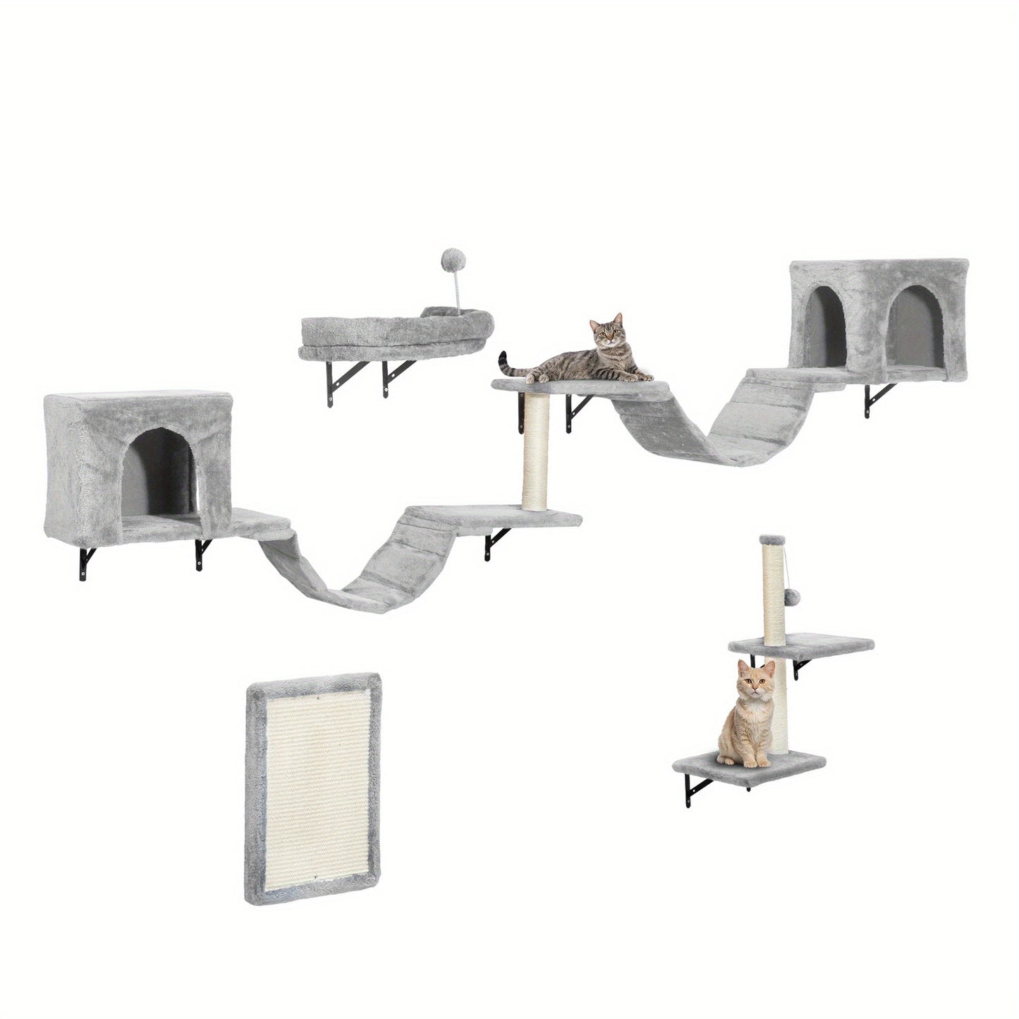 8pcs Cat Climbing Wall Set - Plush Scratching Post, Frame Ladder, Cat House & Hanging Bridge - Light Gray Multifunctional Pet Activity Center - Quality Shopping Centre