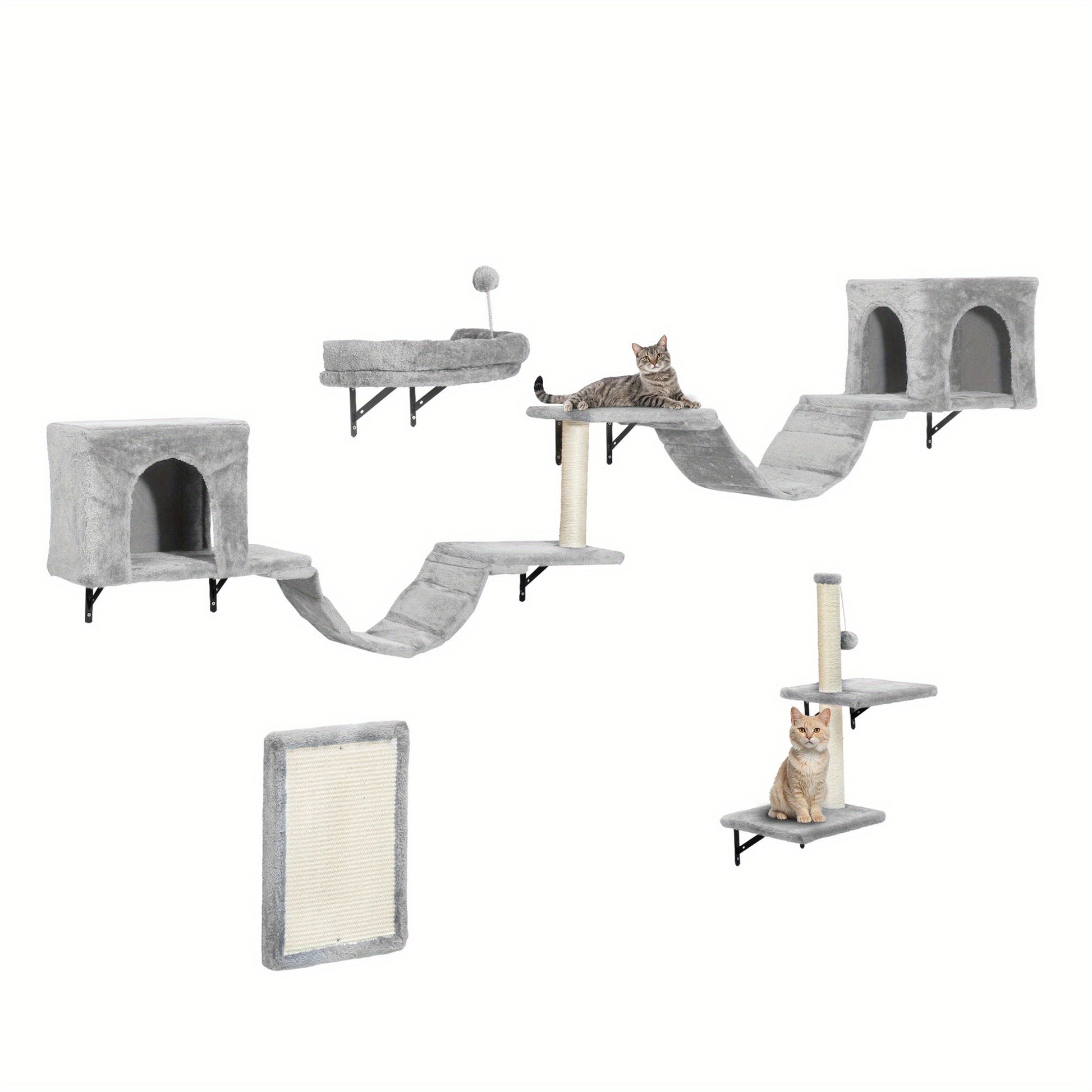 8pcs Cat Climbing Wall Set - Plush Scratching Post, Frame Ladder, Cat House & Hanging Bridge - Light Gray Multifunctional Pet Activity Center - Quality Shopping Centre