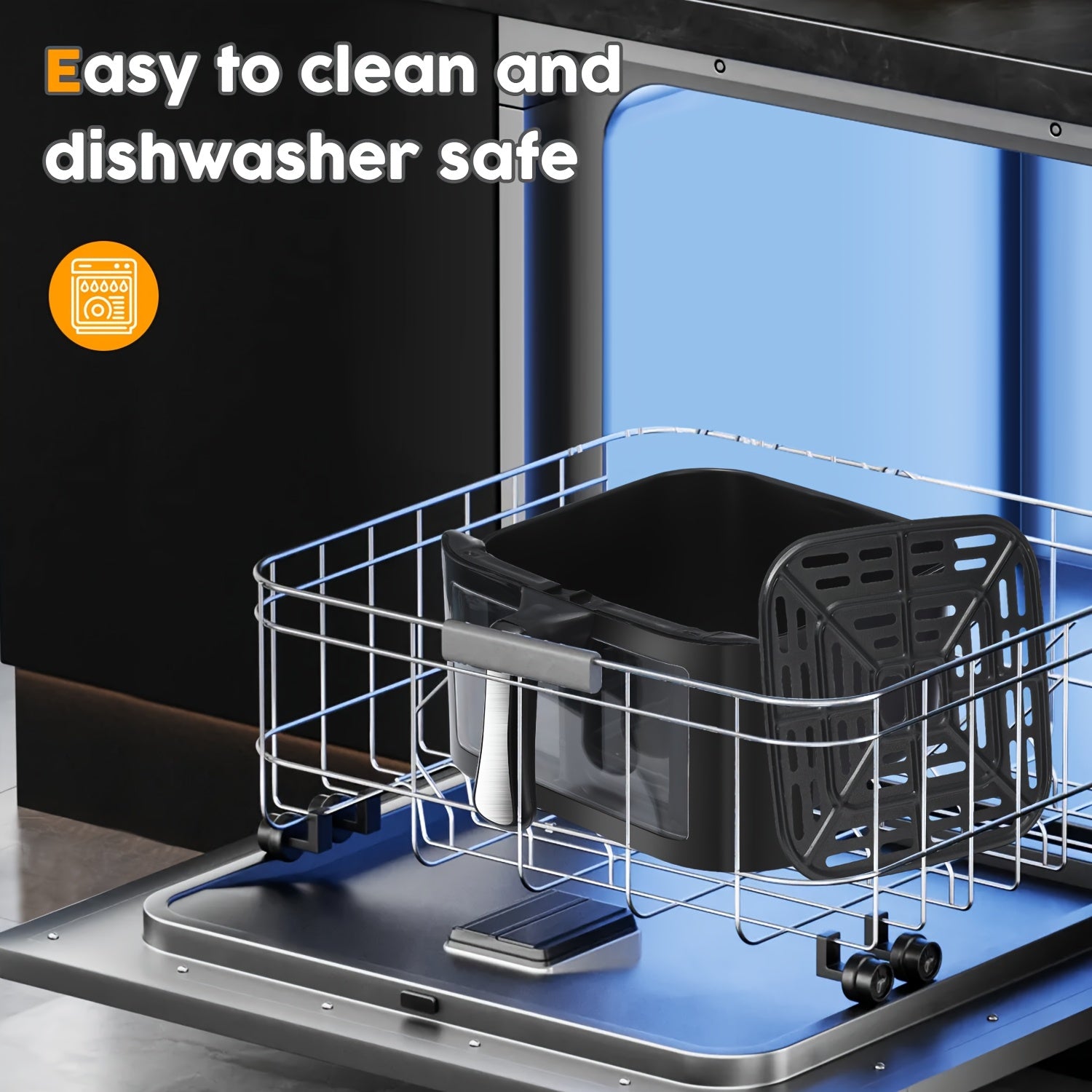 An air fryer basket and removable rack inside a dishwasher.