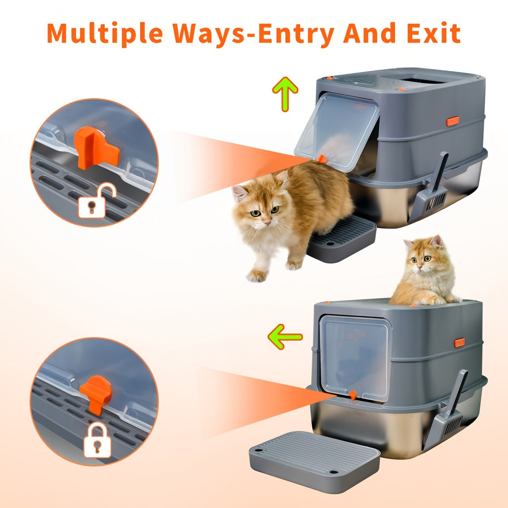 Extra Large Cat Litter Box with Cover - Front Entry/Top Exit Design, Durable Stainless Steel with Built-in Golden Metal Scoop, Easy-Clean Rectangular Litter Pan for Large Cats & Kittens in Modern Grey - Quality Shopping Centre