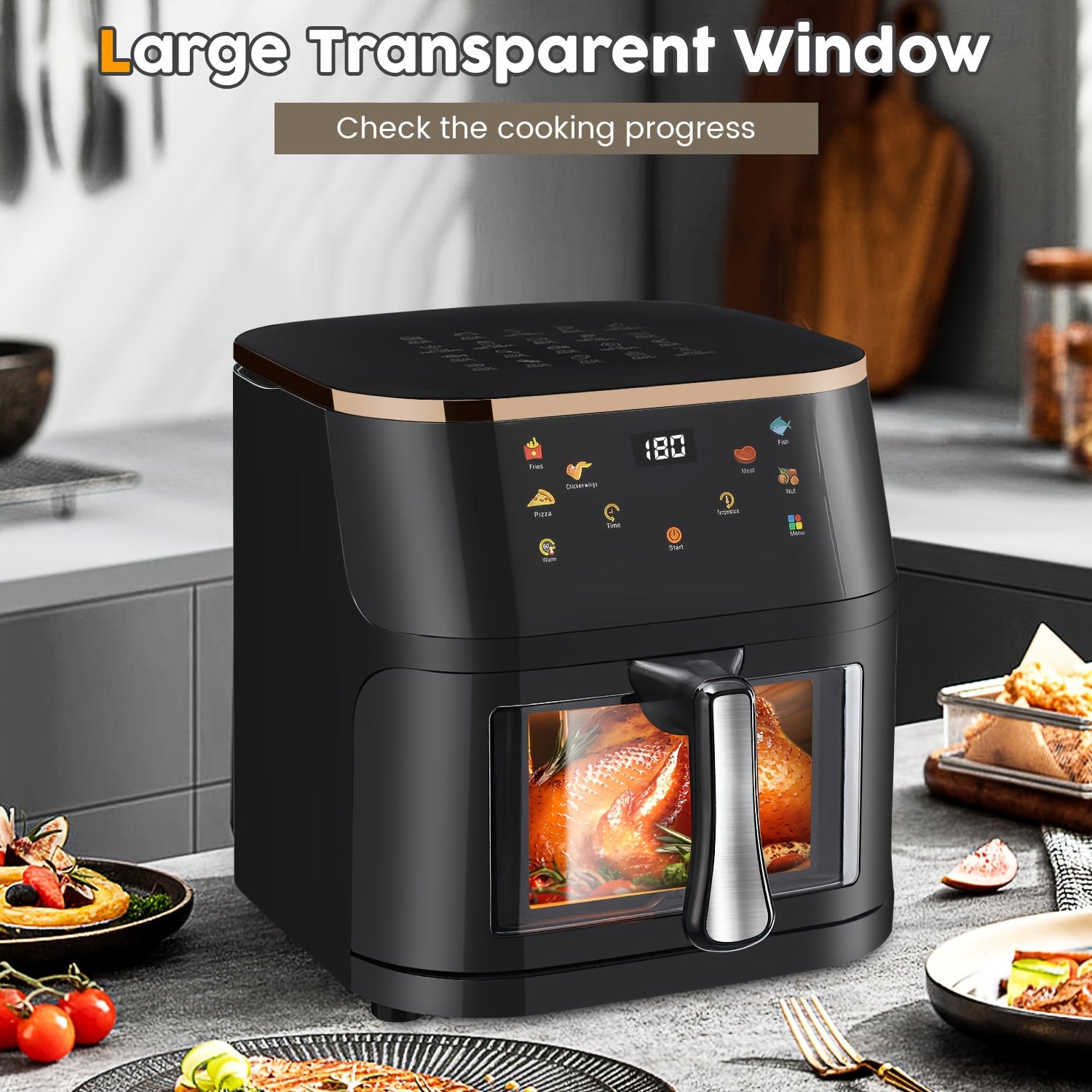 Black air fryer with a transparent window and digital display.