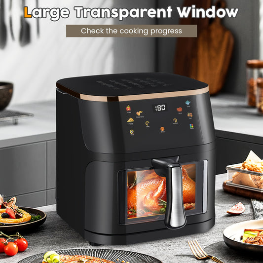 Black air fryer with a transparent window and digital display.
