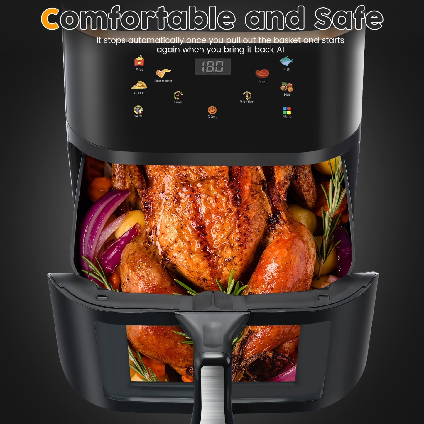 Black air fryer with a rotisserie chicken and vegetables inside.