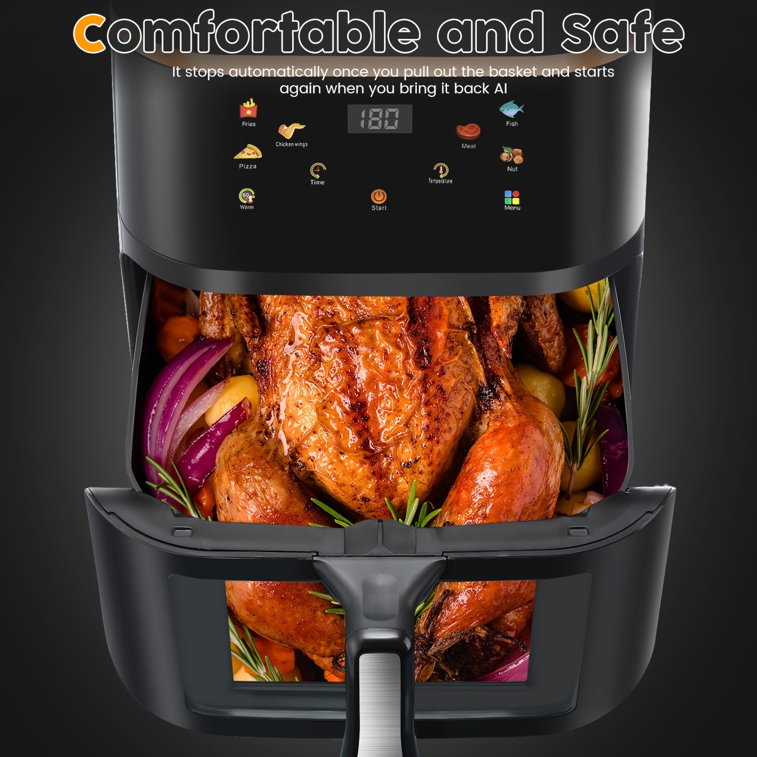 Black air fryer with a rotisserie chicken and vegetables inside.