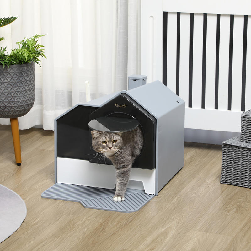 Cute Gray Cat Litter Box with Sieve Mat, Scoop, and Removable Tray - Modern Accessory for Large Cats, Easy to Clean and Durable - Quality Shopping Centre