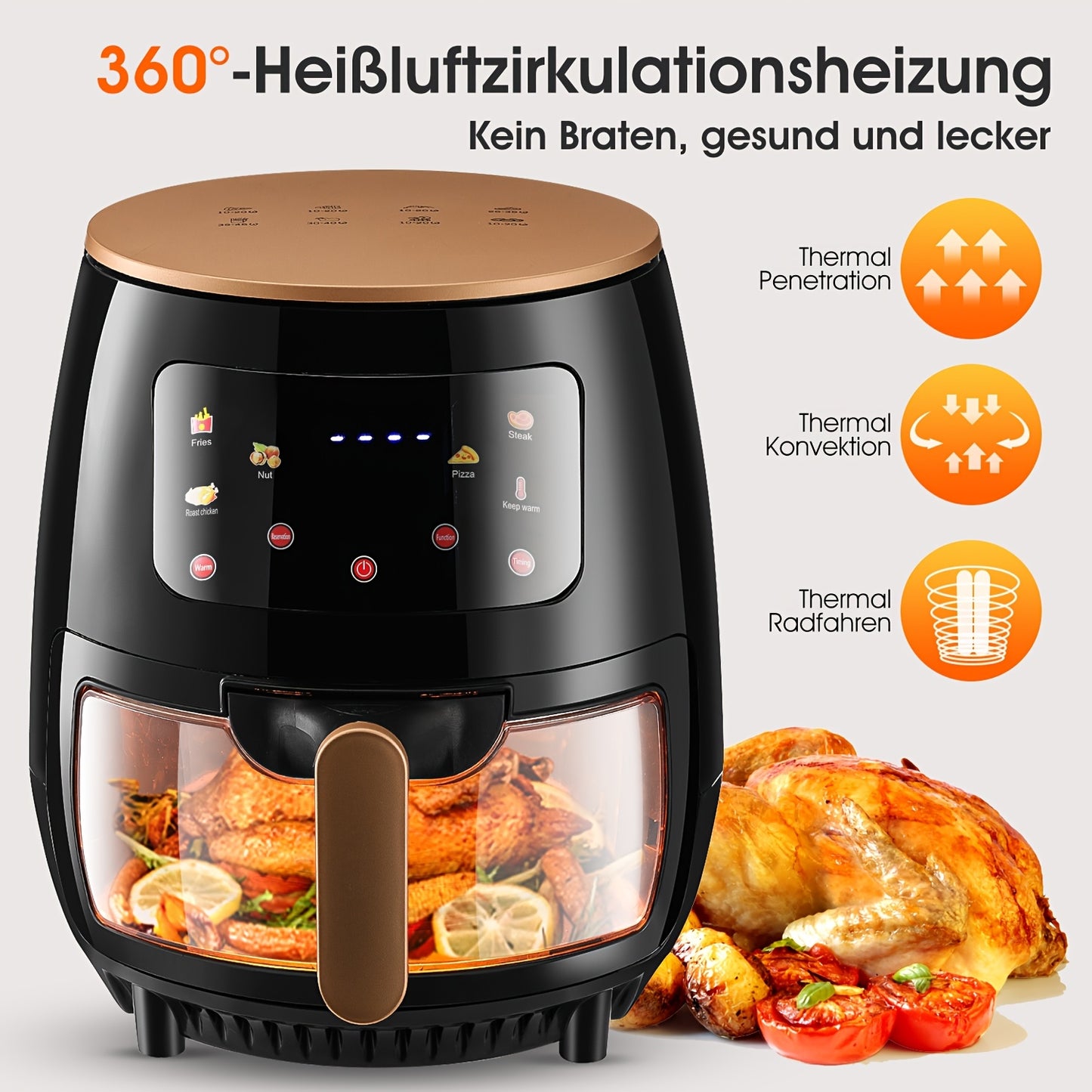 Hot Air Fryer, 6 Litres, Air Fryer, Digital LED Touchscreen, Viewing Window, 6 Cooking Functions, Preheating And Keeping Hot, Oil Free, 1700 W