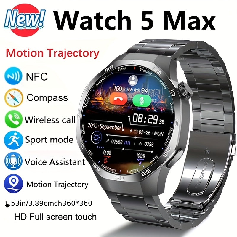 2025 New GPS Motion Trajectory Smart Watch for Men Watch 5 Max, 360*360 HD Screen AI Voice Wireless Call NFC Smartwatch, 100+ Sports Modes, Outdoor Sports Men'S Smart Watch, Compass Fitness Tracker Watch for Men New Year, Fat