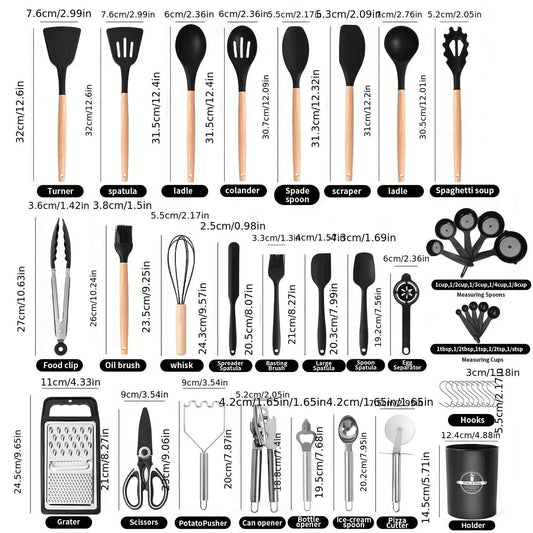 44pcs Silicone Kitchen Utensil Set with Non-Stick Wooden Handles - Easy Cooking & Baking Tools, Perfect for Holidays (Christmas, Valentine'S Day, St. Patrick'S Day, Graduation, Ramadan), Includes Spatulas, Whisks, Spoons, Tongs & More, Kitchen Essentials - Quality Shopping Centre