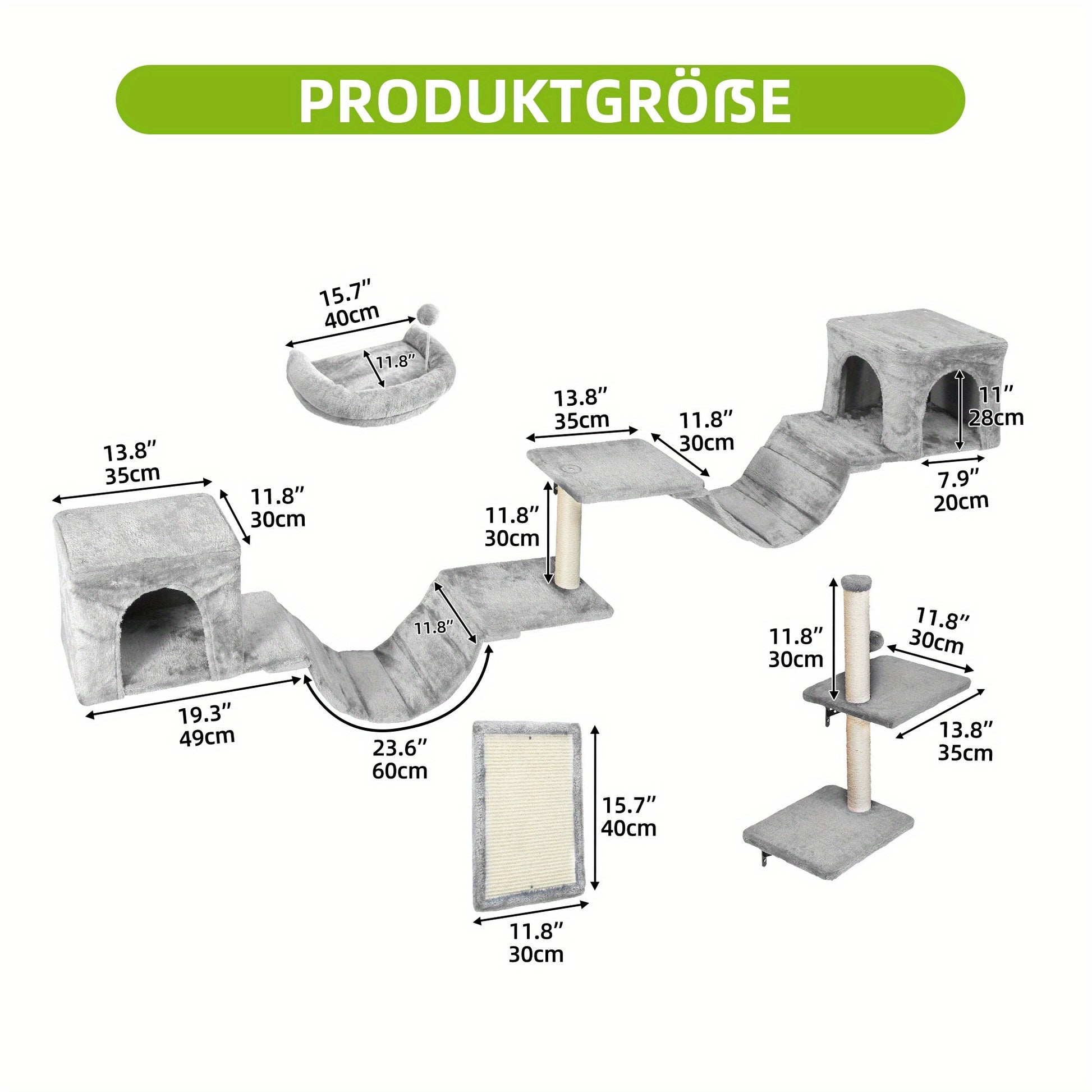 8pcs Cat Climbing Wall Set - Plush Scratching Post, Frame Ladder, Cat House & Hanging Bridge - Light Gray Multifunctional Pet Activity Center - Quality Shopping Centre