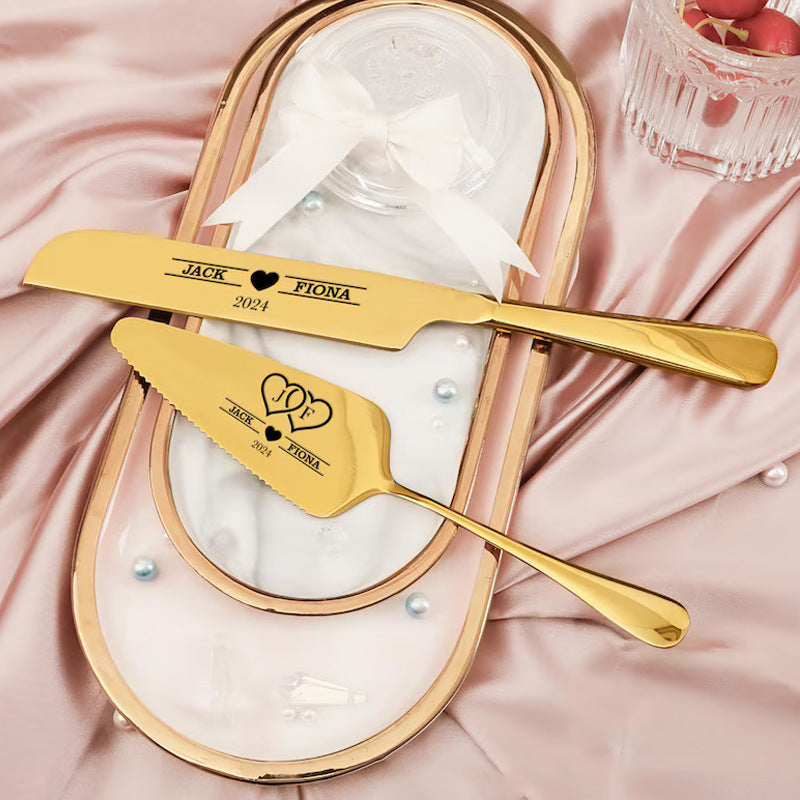 Couteau à gâteau, spatule et fourchette en acier inoxydable personnalisés