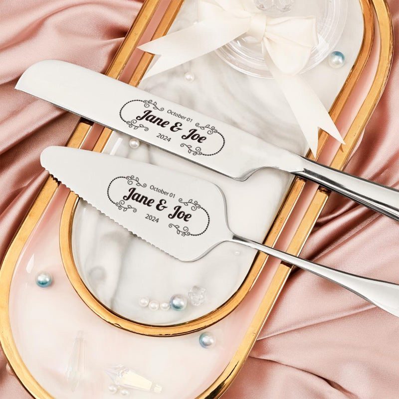 Couteau à gâteau, spatule et fourchette en acier inoxydable personnalisés