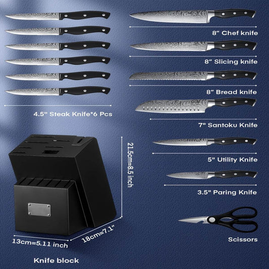14pcs Kitchen Knife Set With Built-in Sharpener, Kitchen Knives With Unique Waved Pattern, Non-slip Handle, Black - Quality Shopping Centre
