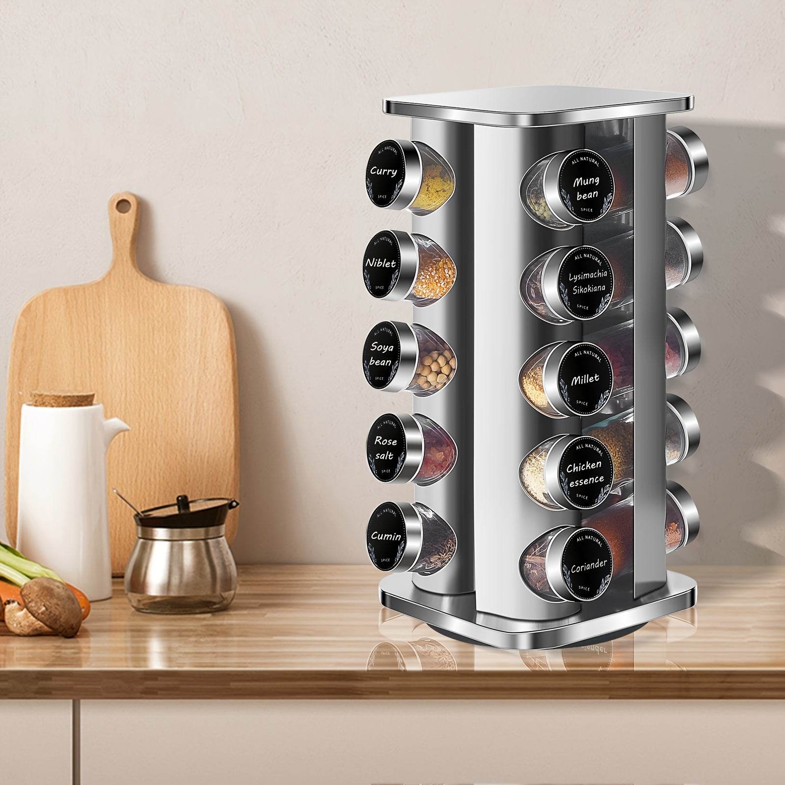 Miorkly Quadrat Spice Rack, with 20 Spices Jars, 360 Degree Rotating Stainless Steel Spice Turntable, Spice Storage Box, Vertical Spice Rack, Spices Jar with Dispenser, Spice Bottle - Quality Shopping Centre