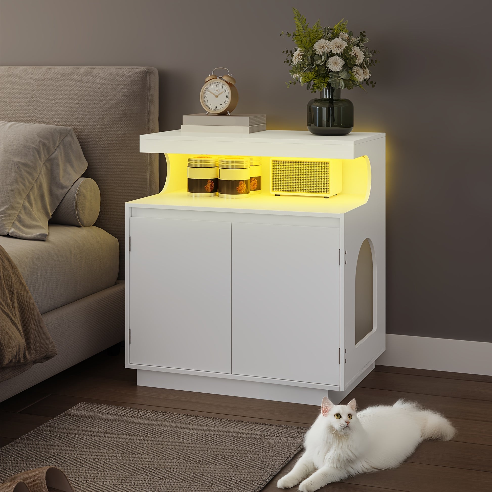 Cat Litter Box Cabinet with Shelf and Remote Controlled Light Bar - Hidden Indoor Cat House for Large Cats, 68 X 48 X 74 Cm, White - Quality Shopping Centre