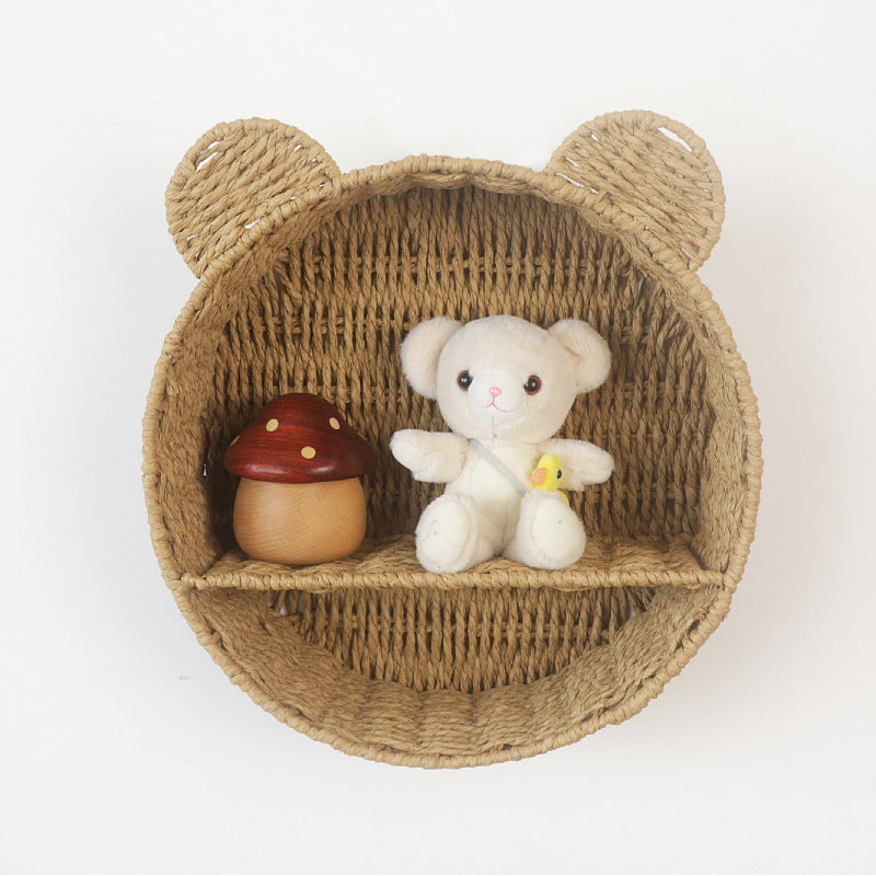 Étagère de rangement ronde en corde de papier écologique avec oreilles de chat, panier organisateur mural pour cosmétiques et décoration