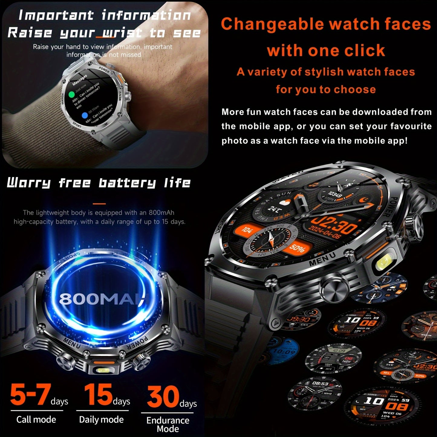 High-Quality Men'S Outdoor Sports Smartwatch (Answer/Make Calls), 800Mah Battery, 1.8-Inch HD Full Touchscreen, Over 100 Sports Modes, Flashlight Feature, Pedometer, Compatible with Iphone And Android Phones, Perfect Gift for